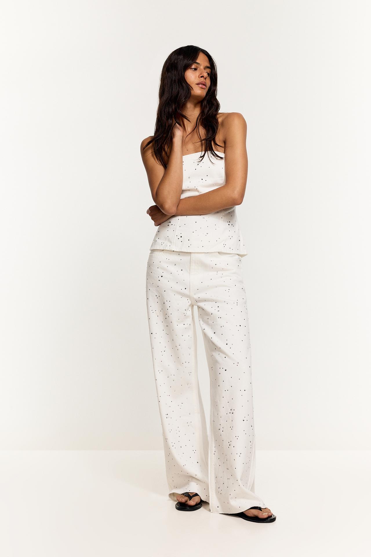 Wide-leg rhinestone jeans — WHITE