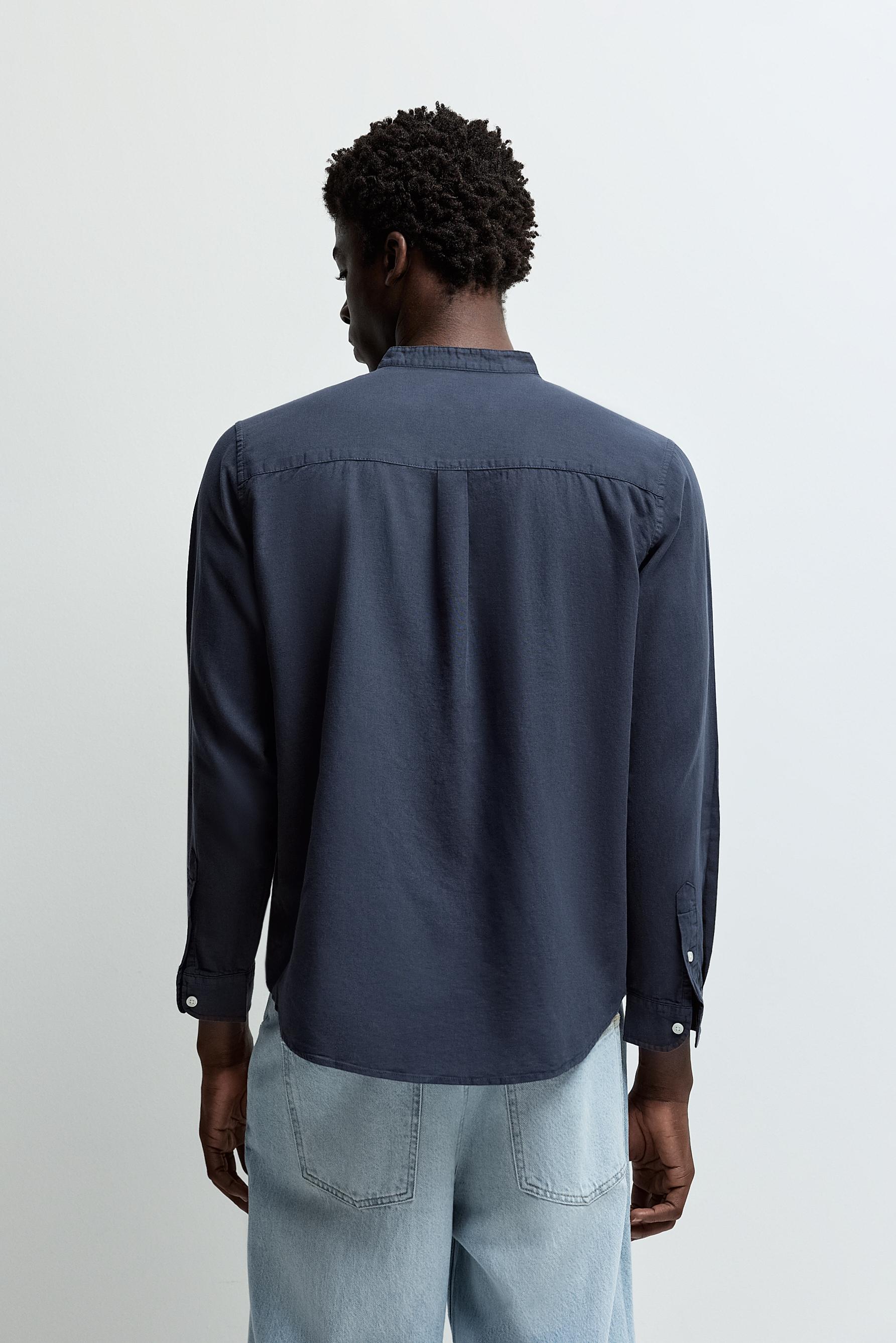 Linen and cotton stand collar shirt — NAVY