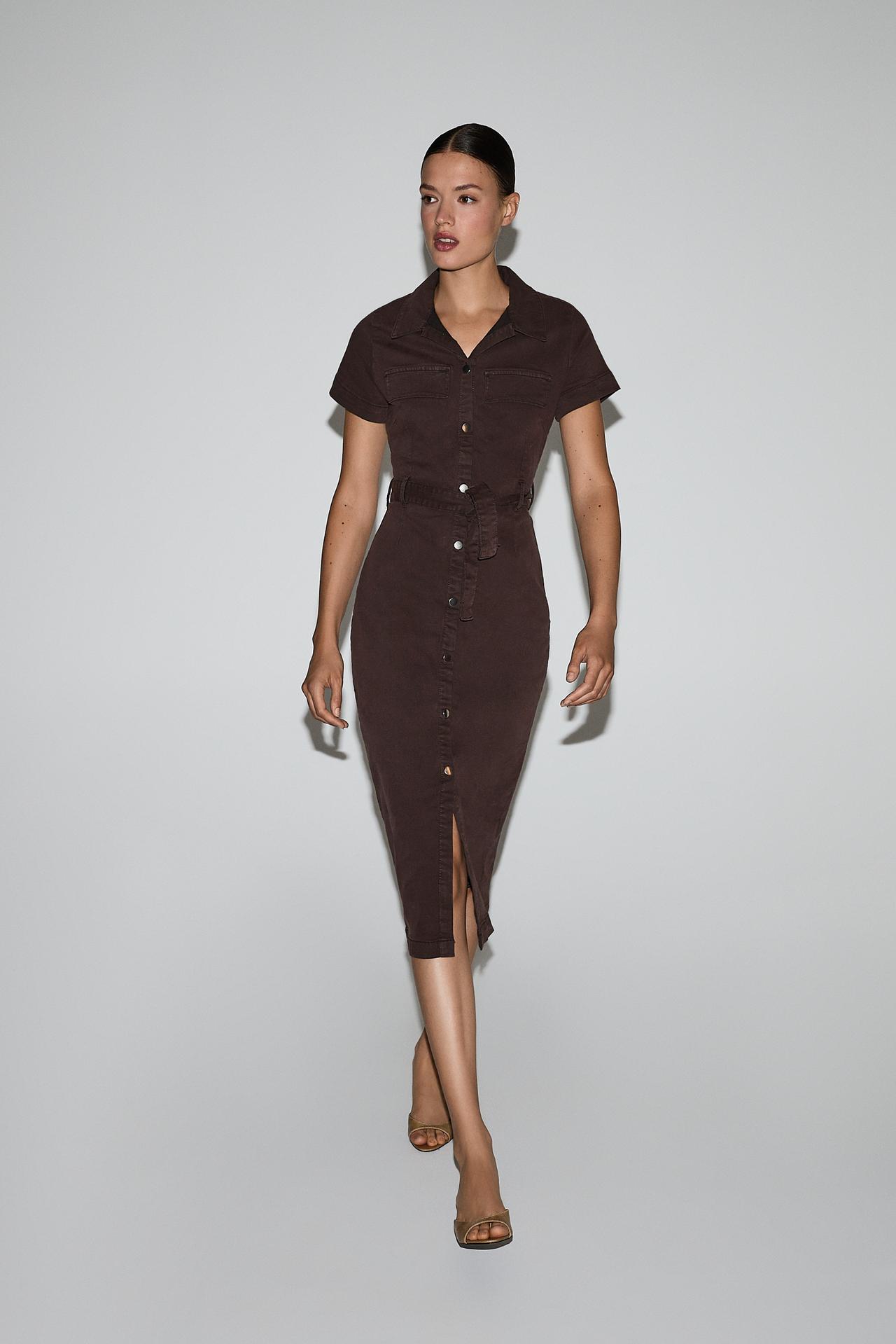 Fitted denim button-front dress — BROWN MARL