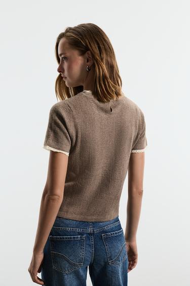 Pointelle short sleeve sweater — TAUPE BROWN 5
