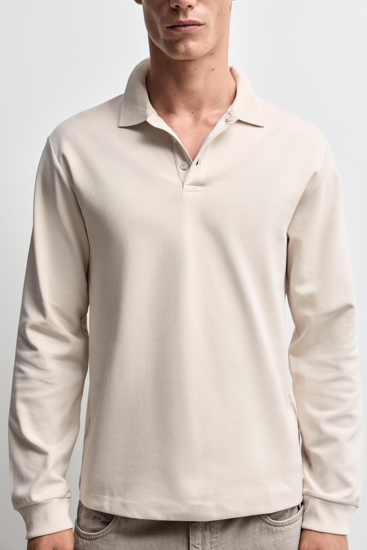 Long sleeve interlock polo shirt — VANILLA