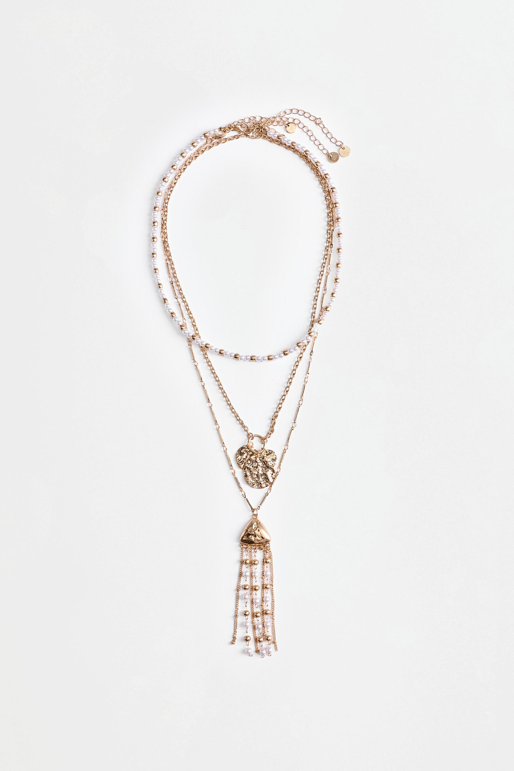 Layered faux pearl and fringe necklace — GOLD