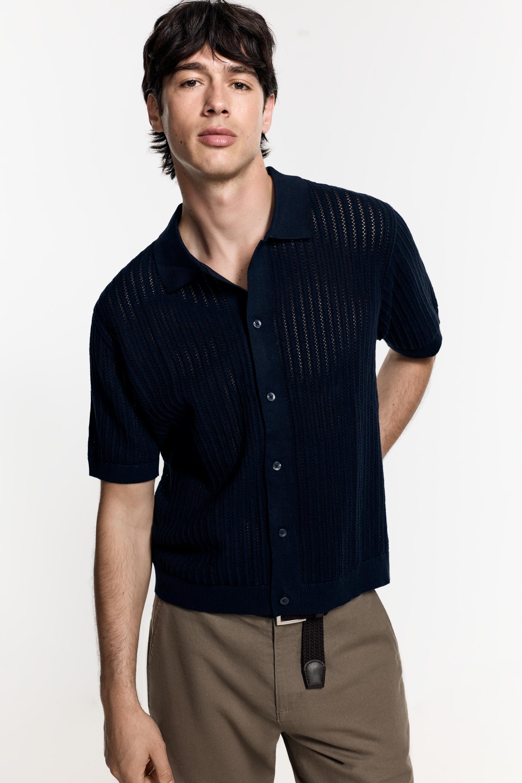 Cutwork knit polo shirt — NAVY