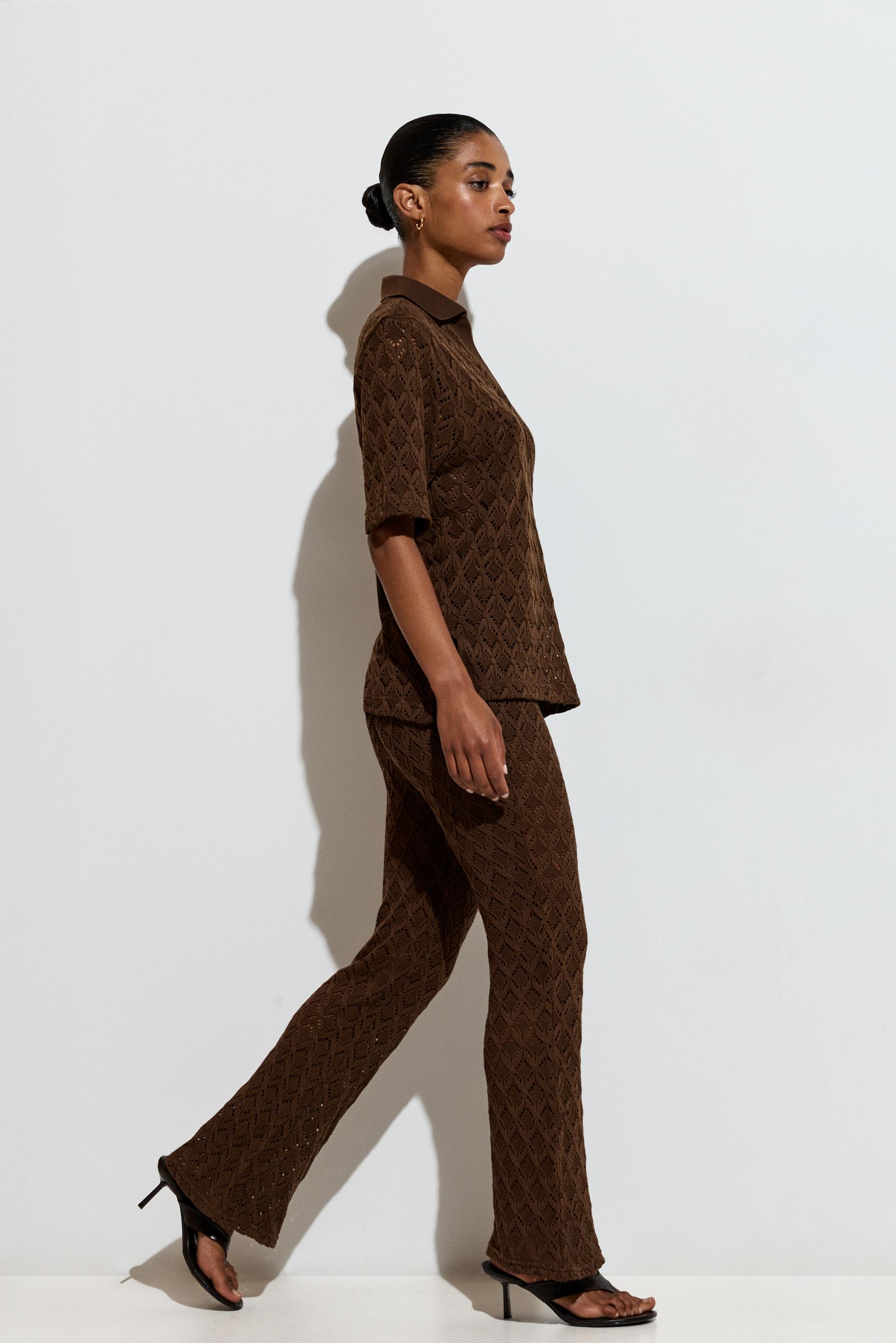 Crochet-effect bell bottom trousers — BROWN