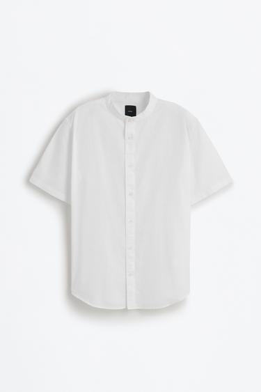 Linen-cotton stand collar shirt — WHITE 6