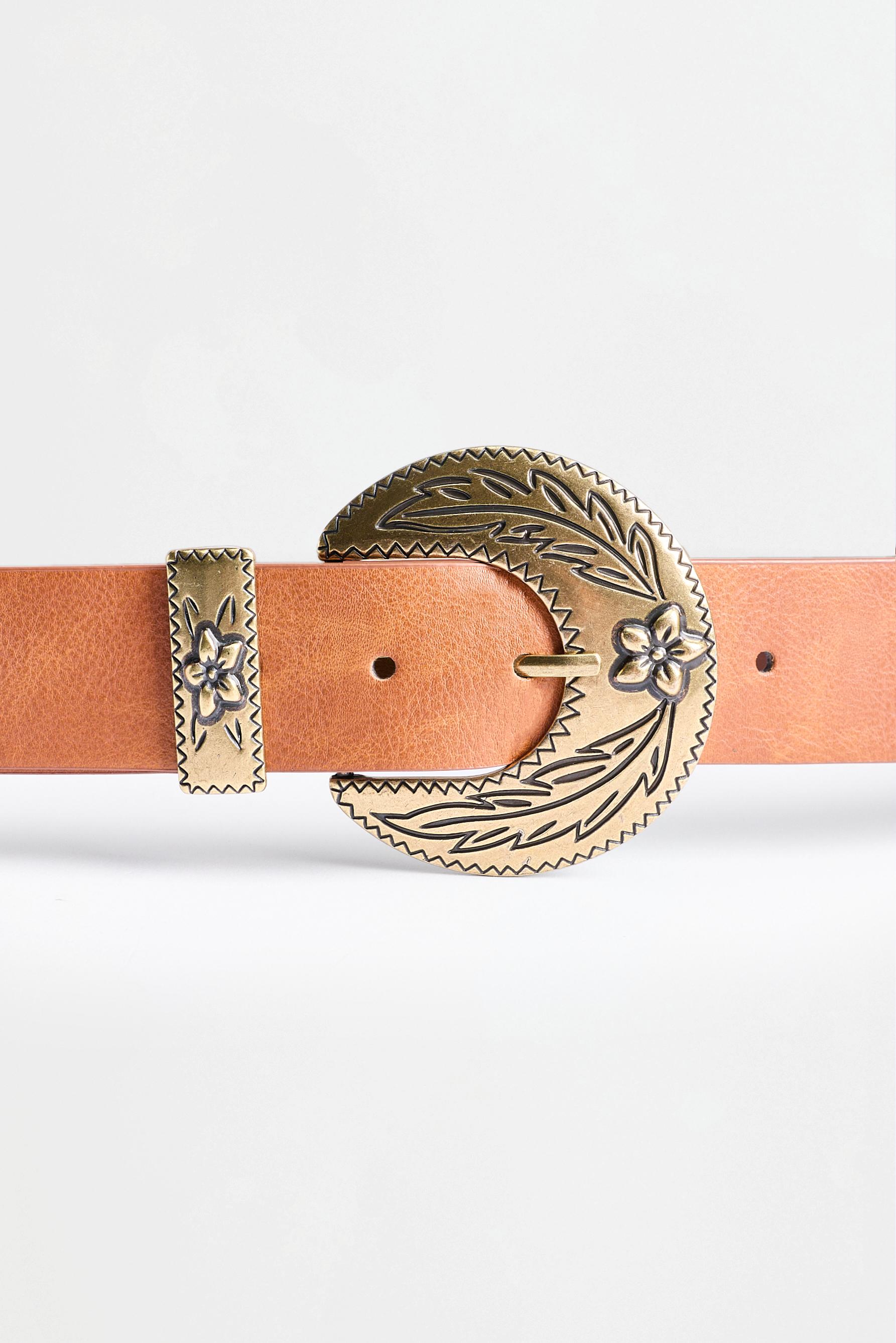 Floral engraved buckle belt — BROWN