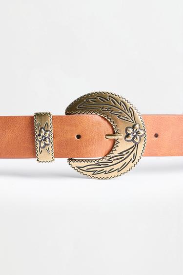 Floral engraved buckle belt — BROWN 3