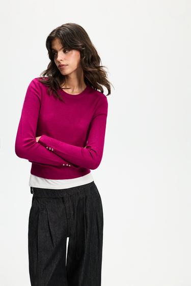 Basic gold button sweater — FUCHSIA 2