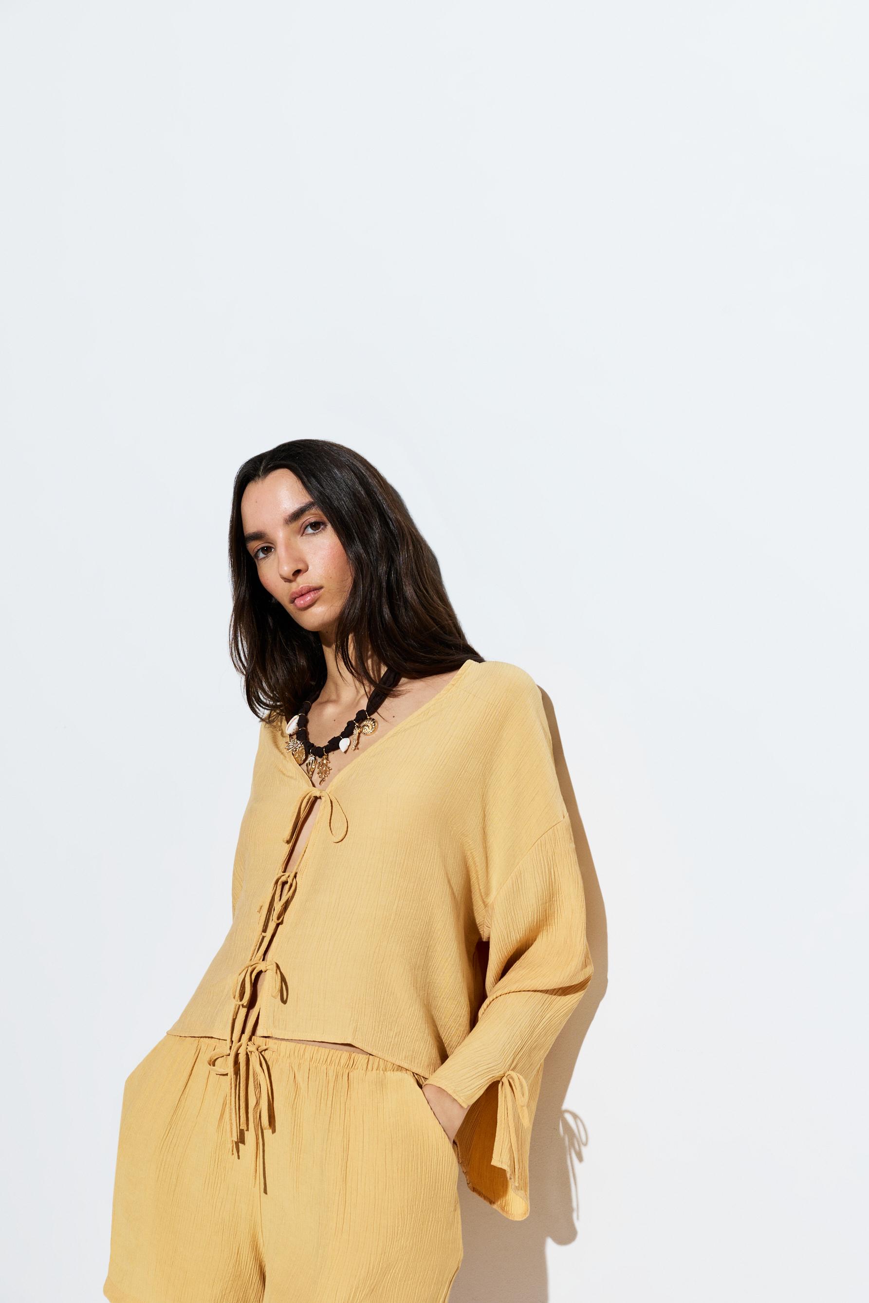 Textured tie-front shirt — YELLOW