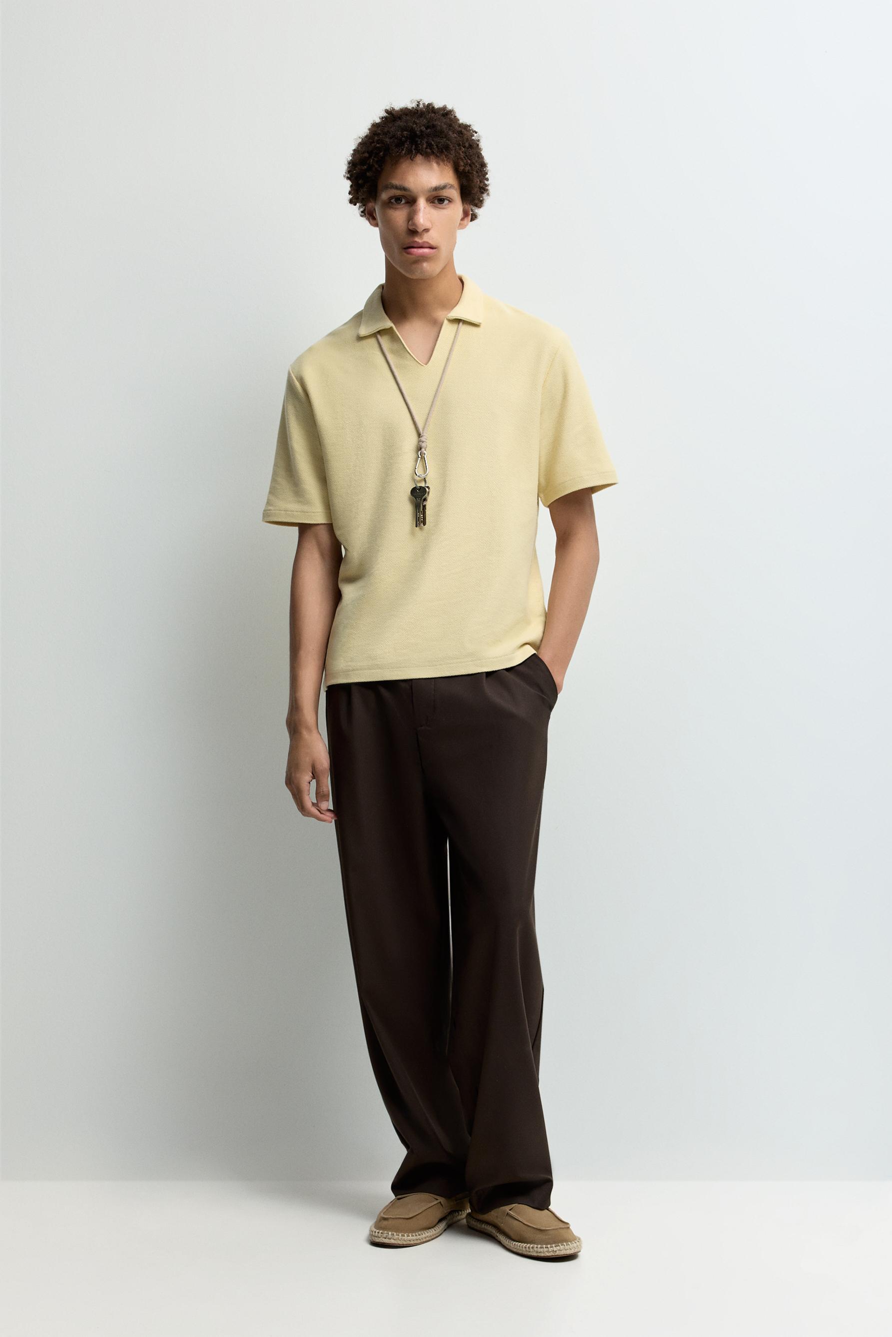 Textured V-neck polo shirt — PALE YELLOW