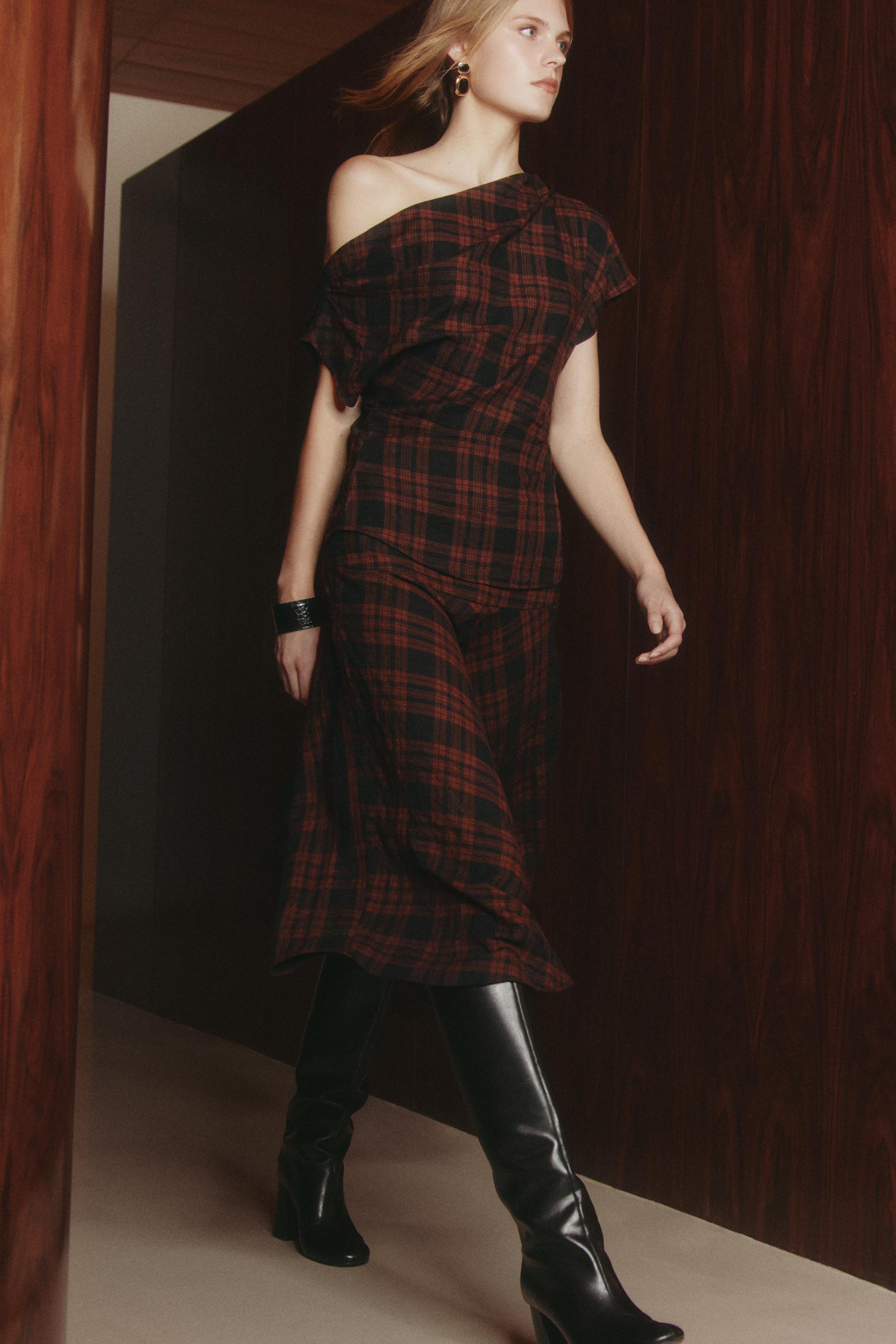 Asymmetric plaid midi skirt — BLACK-BROWN