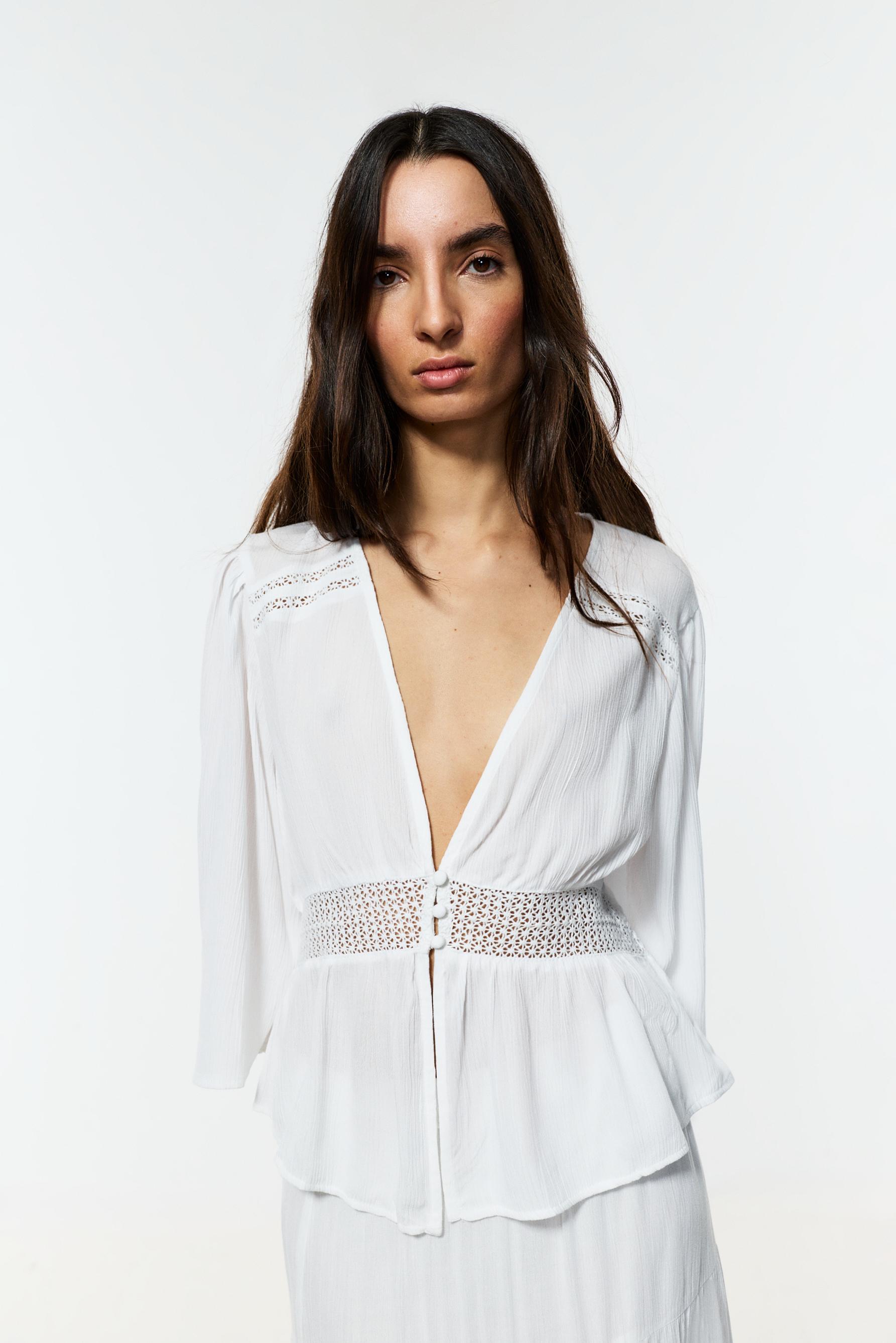 Textured shirt with lace inserts — WHITE
