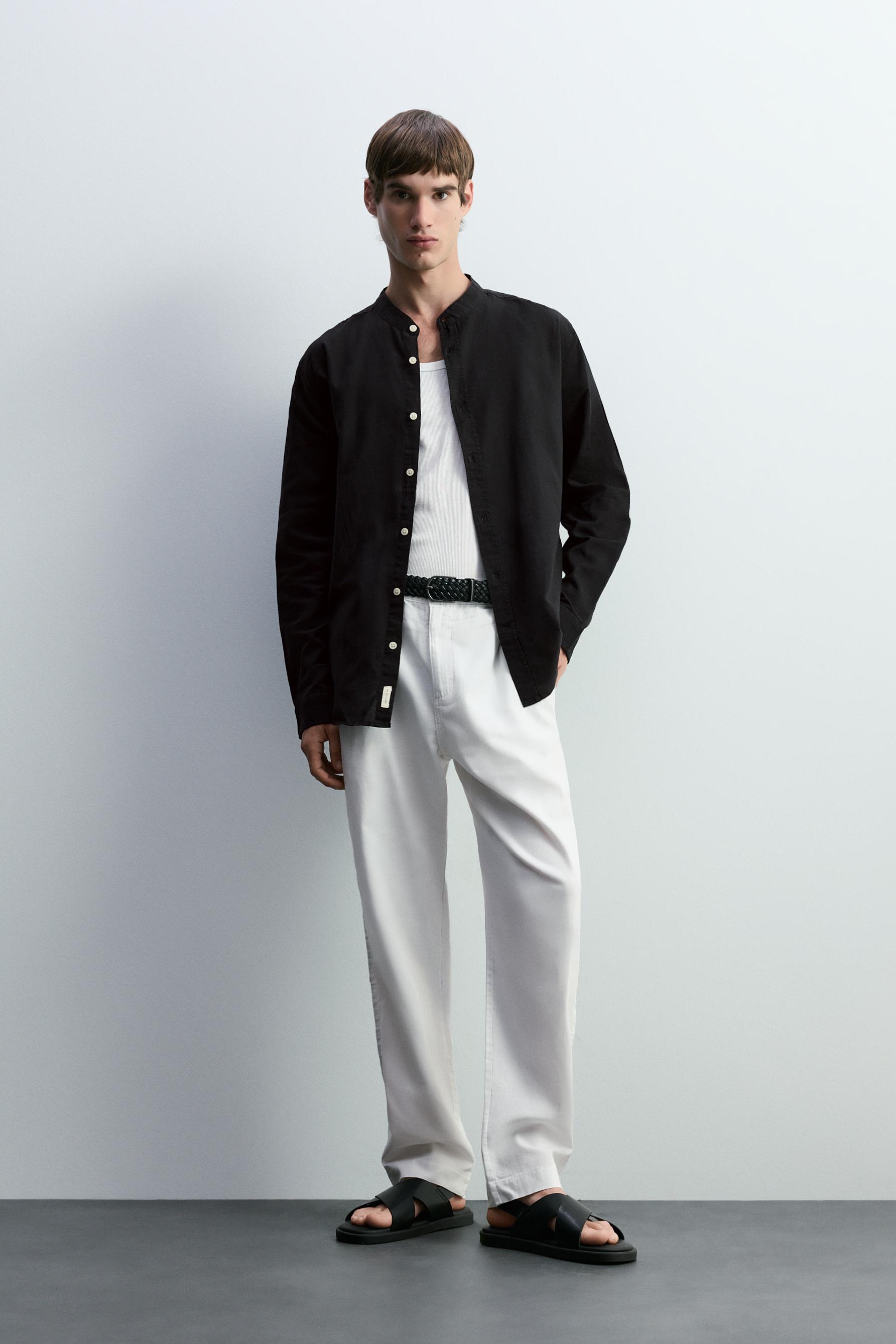 Linen and cotton stand collar shirt — BLACK