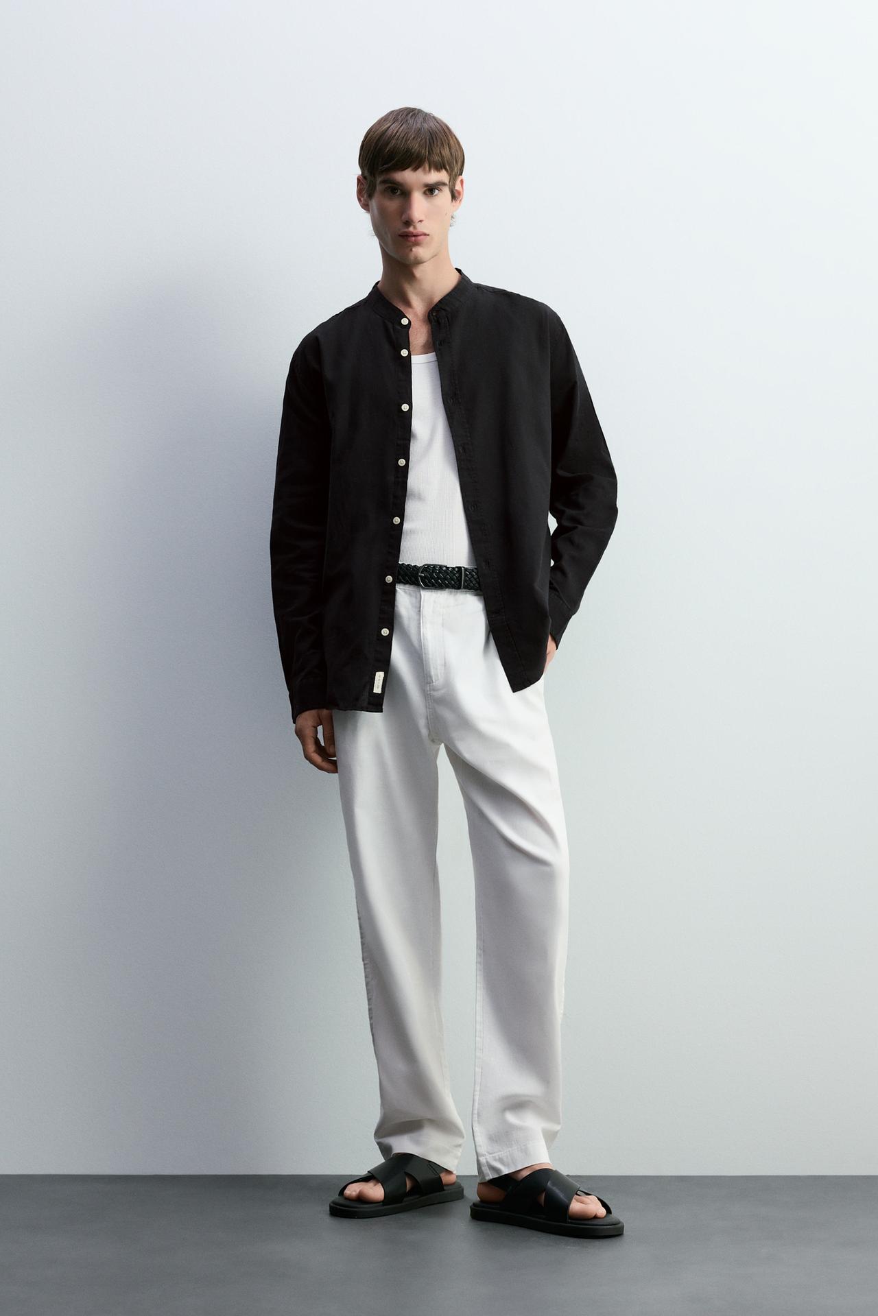 Linen and cotton stand collar shirt — BLACK