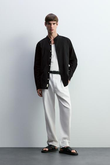Linen and cotton stand collar shirt — BLACK 2