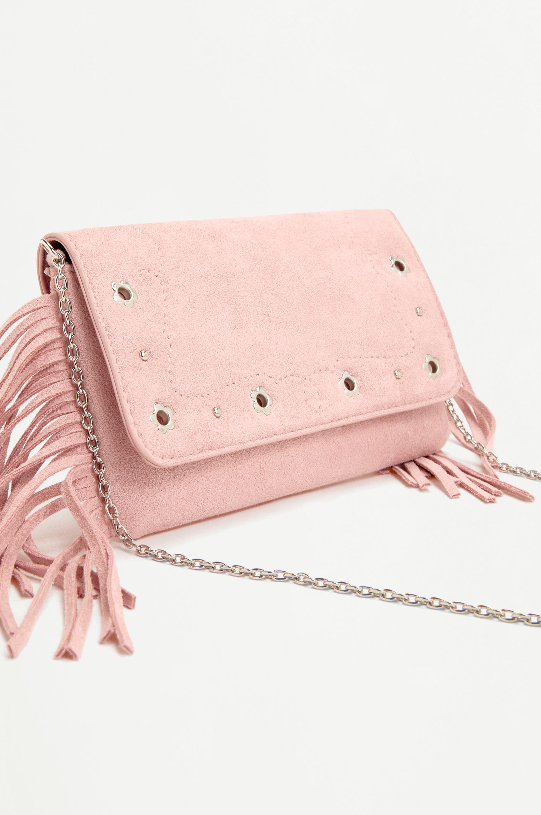 Fringed crossbody bag with flower detail — PINK