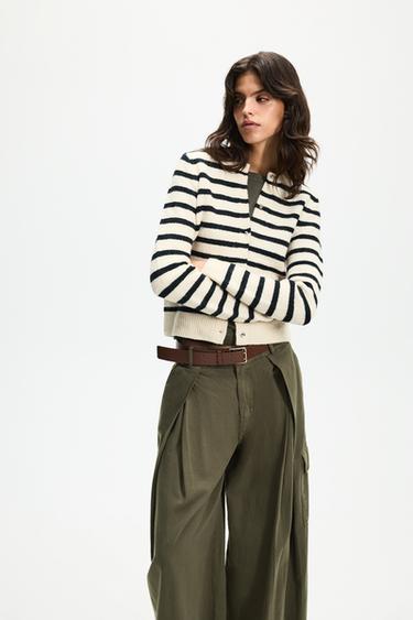 Round neck knit jacket — ECRU/NAVY 1