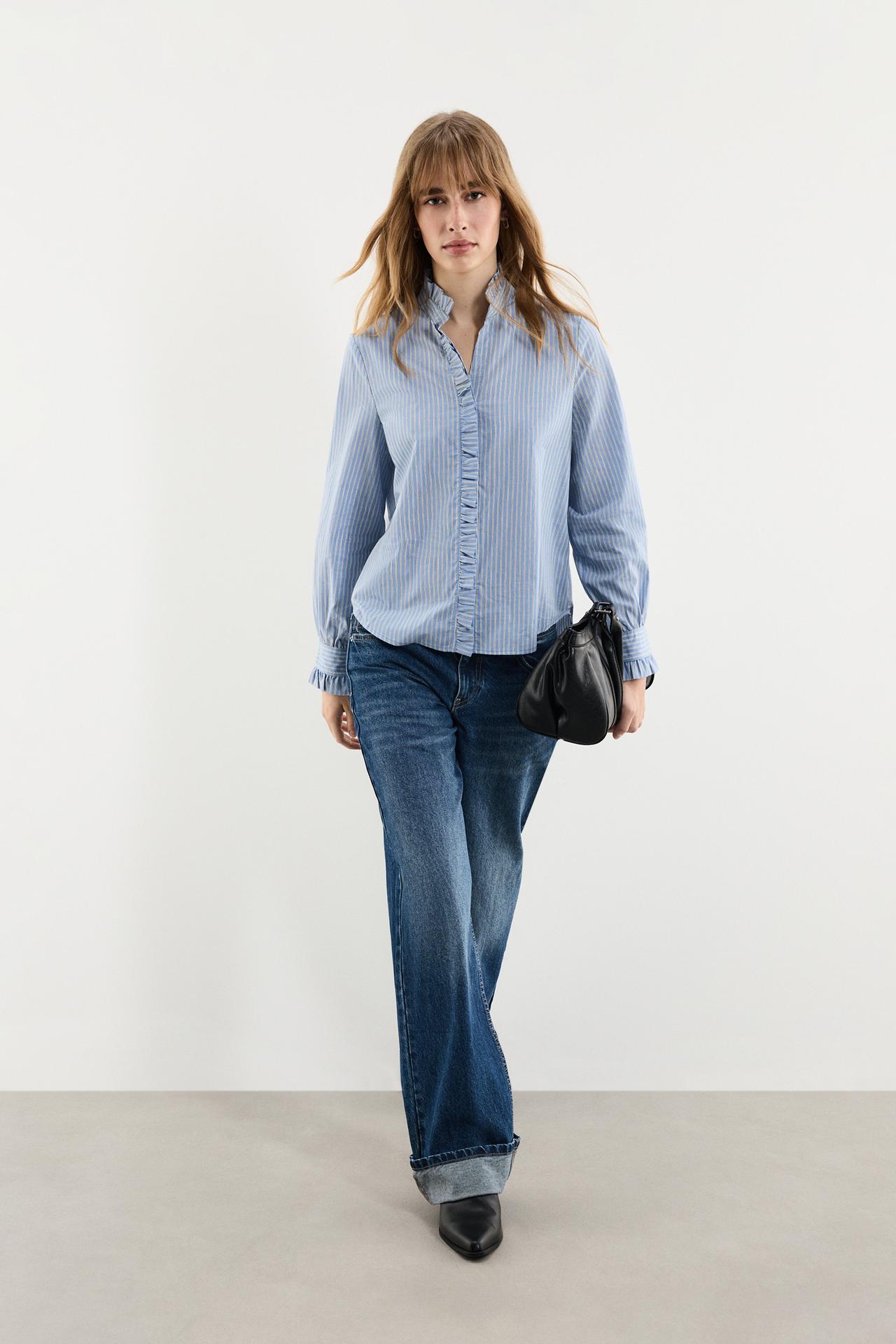 Striped pleated ruffle shirt — BLUE/WHITE
