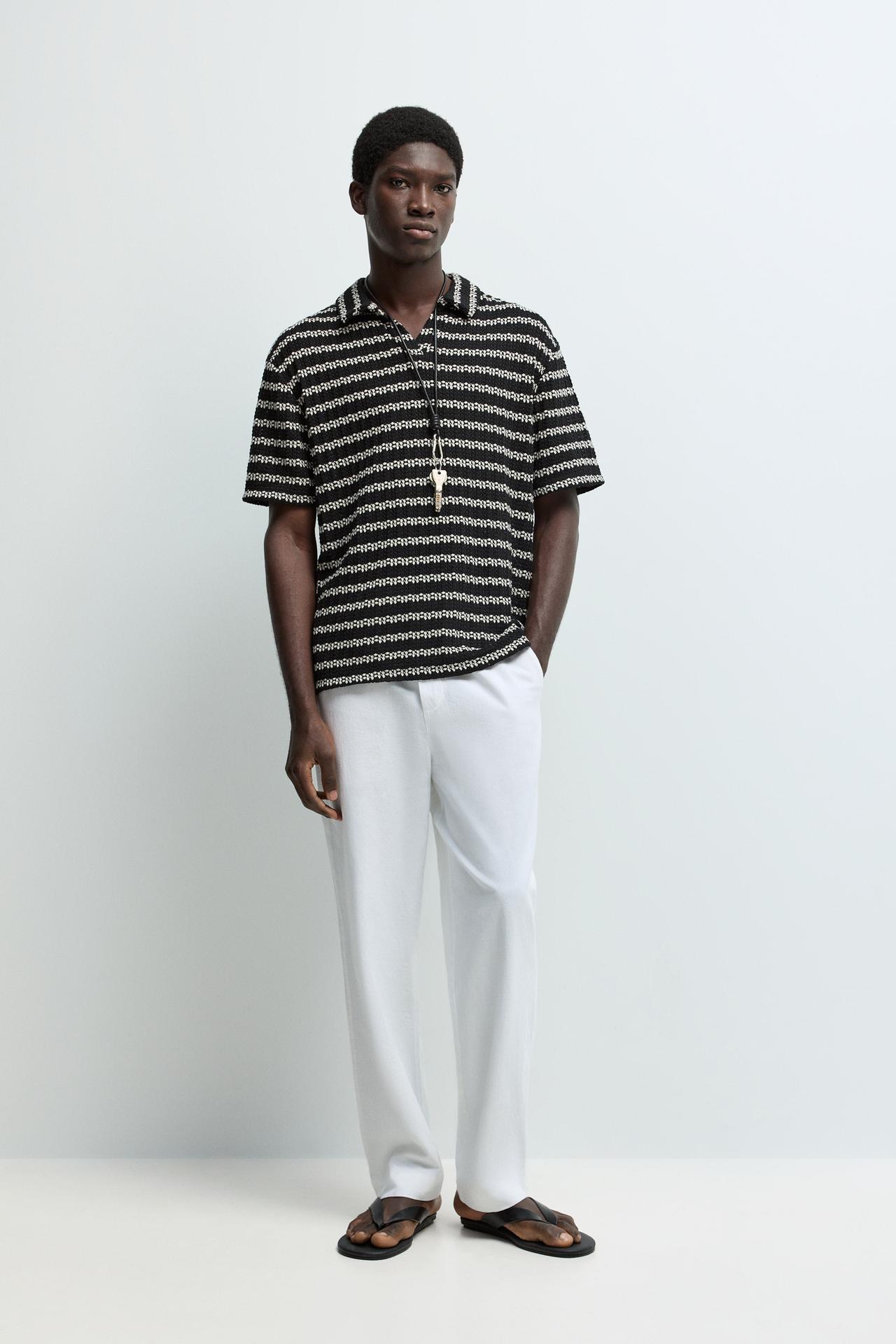 Textured striped polo shirt — BLACK