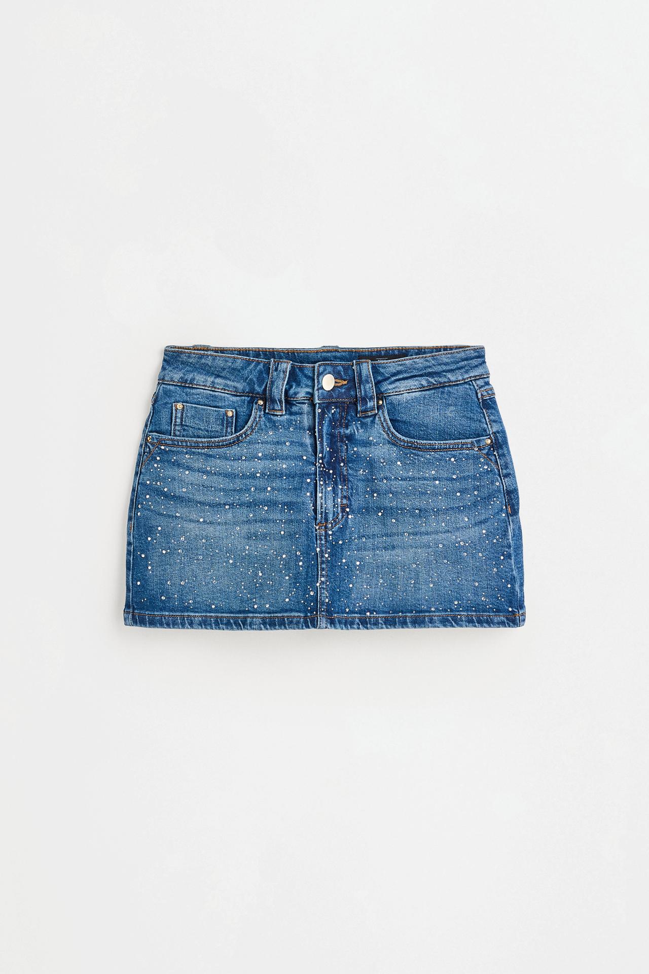 Rhinestone denim skort — FADED INDIGO
