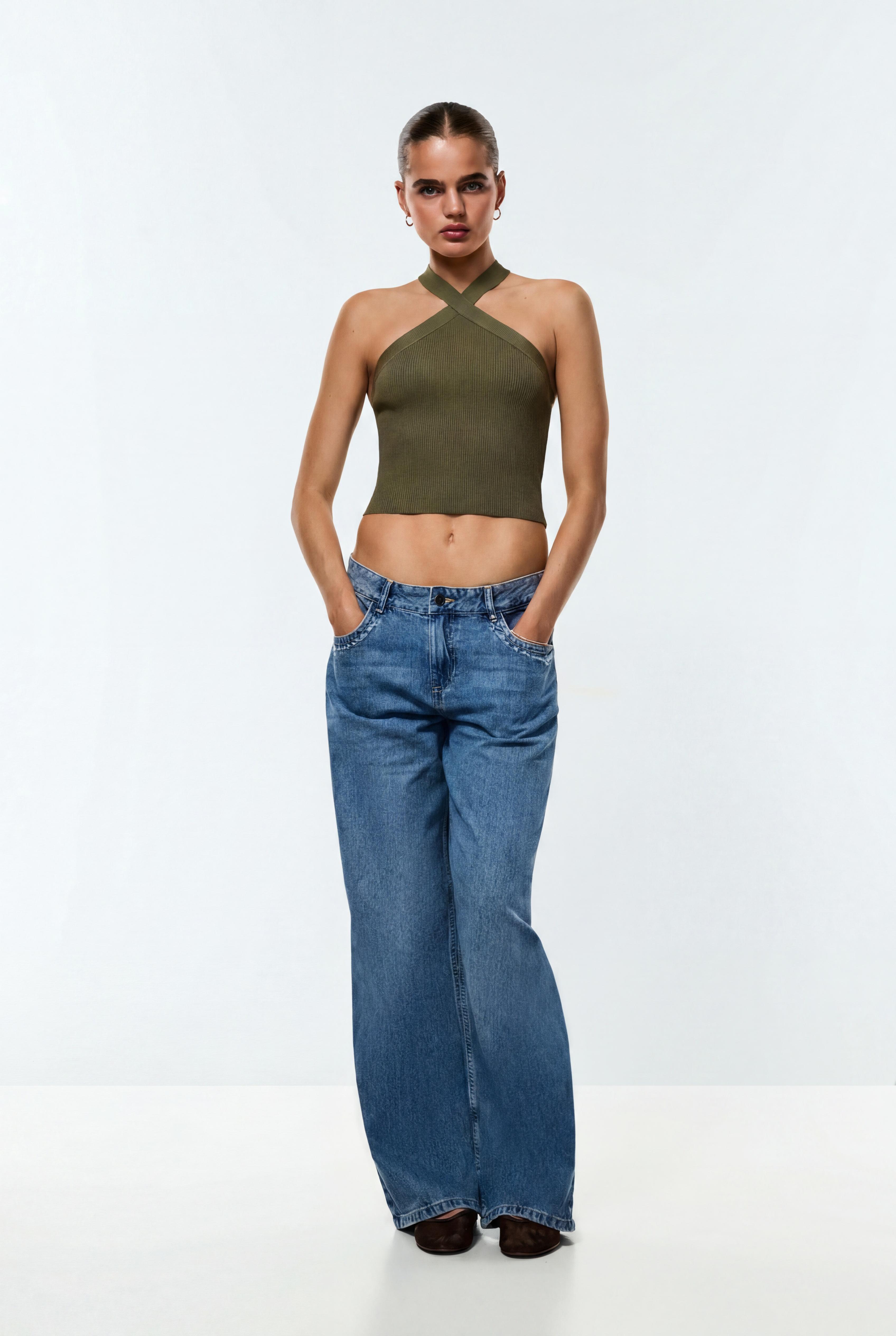 Criss-cross strap knit top — DARK KHAKI