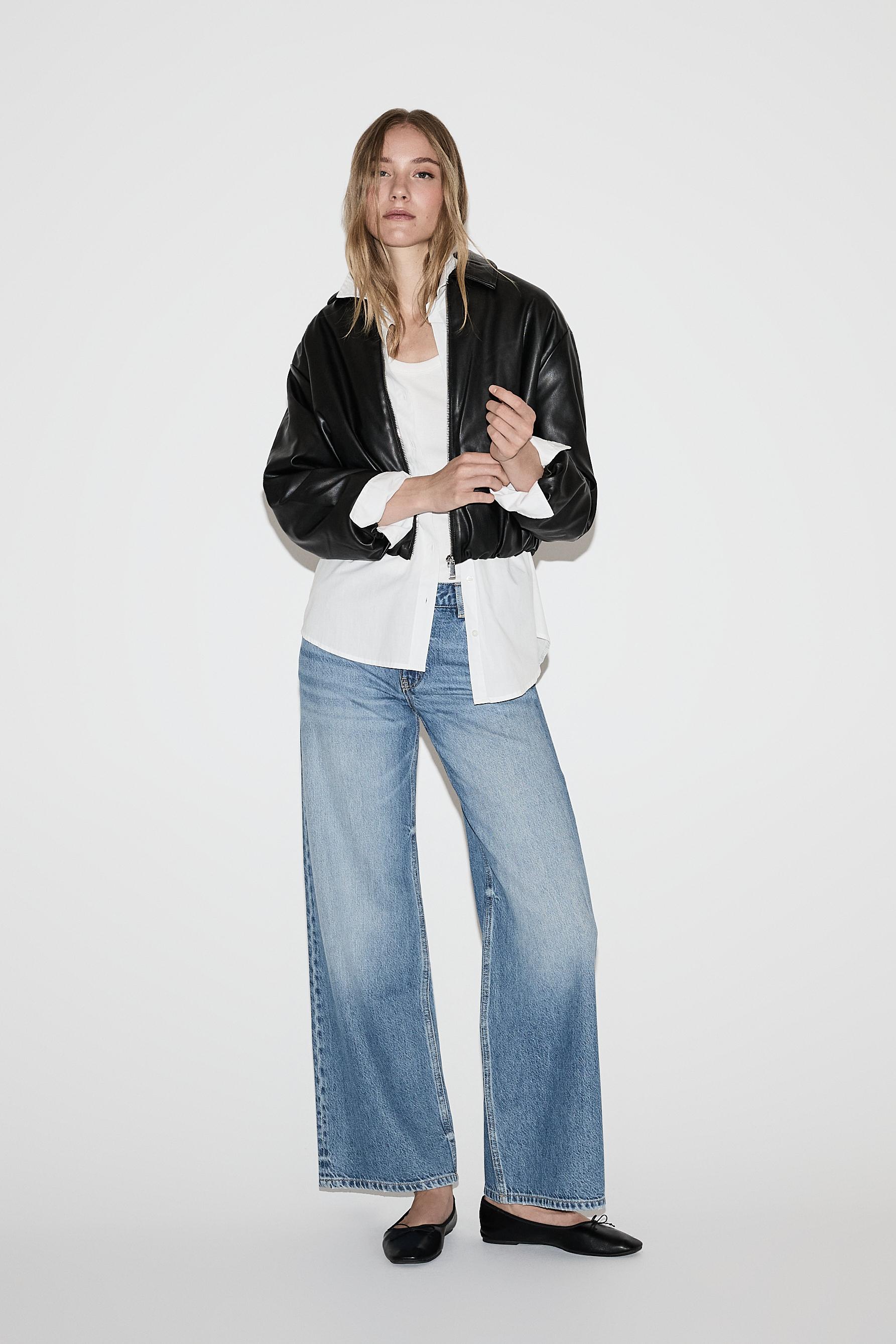 Voluminous leather effect bomber jacket — BLACK