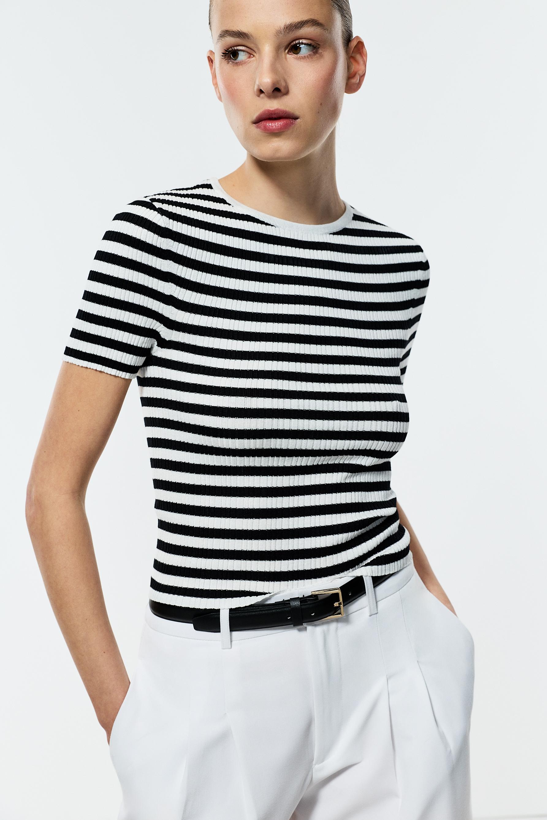 Basic ribbed knit top — ECRU/BLACK