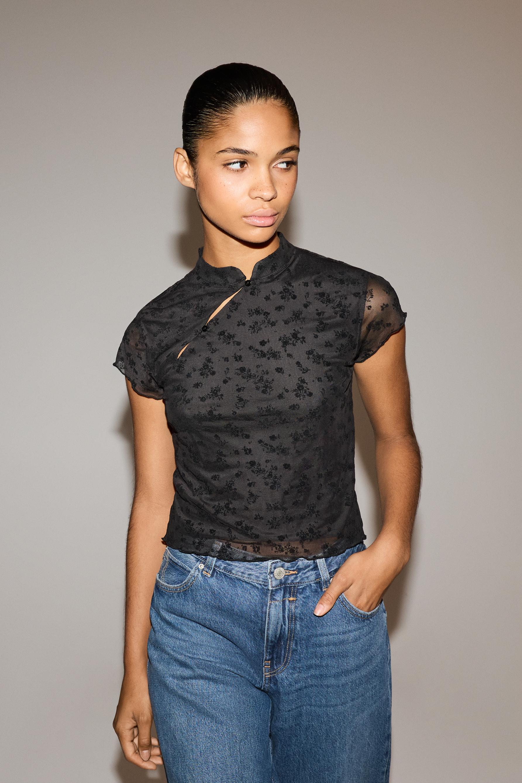Slim fit stand collar T-shirt — BLACK
