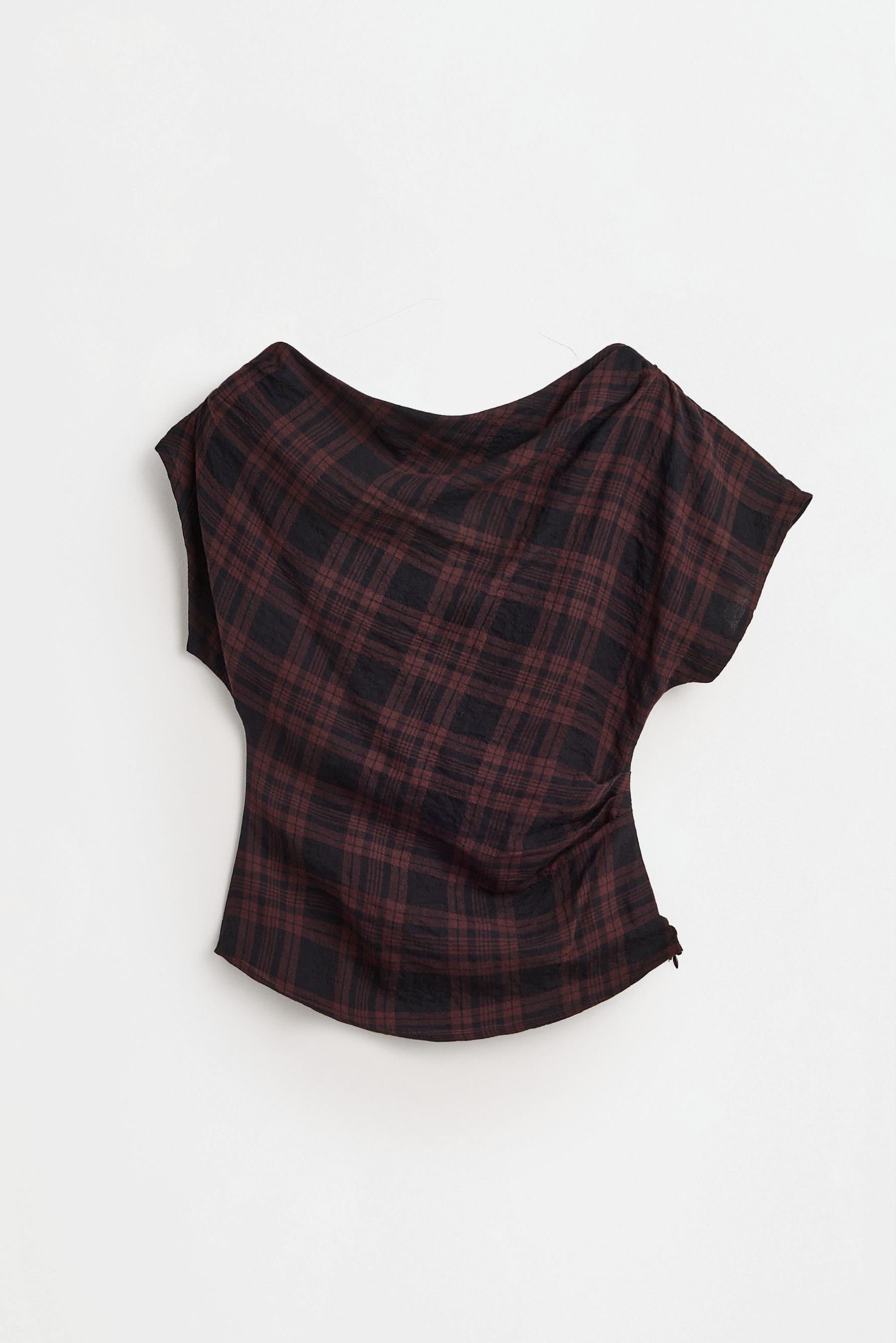 Asymmetric plaid top — BLACK-BROWN