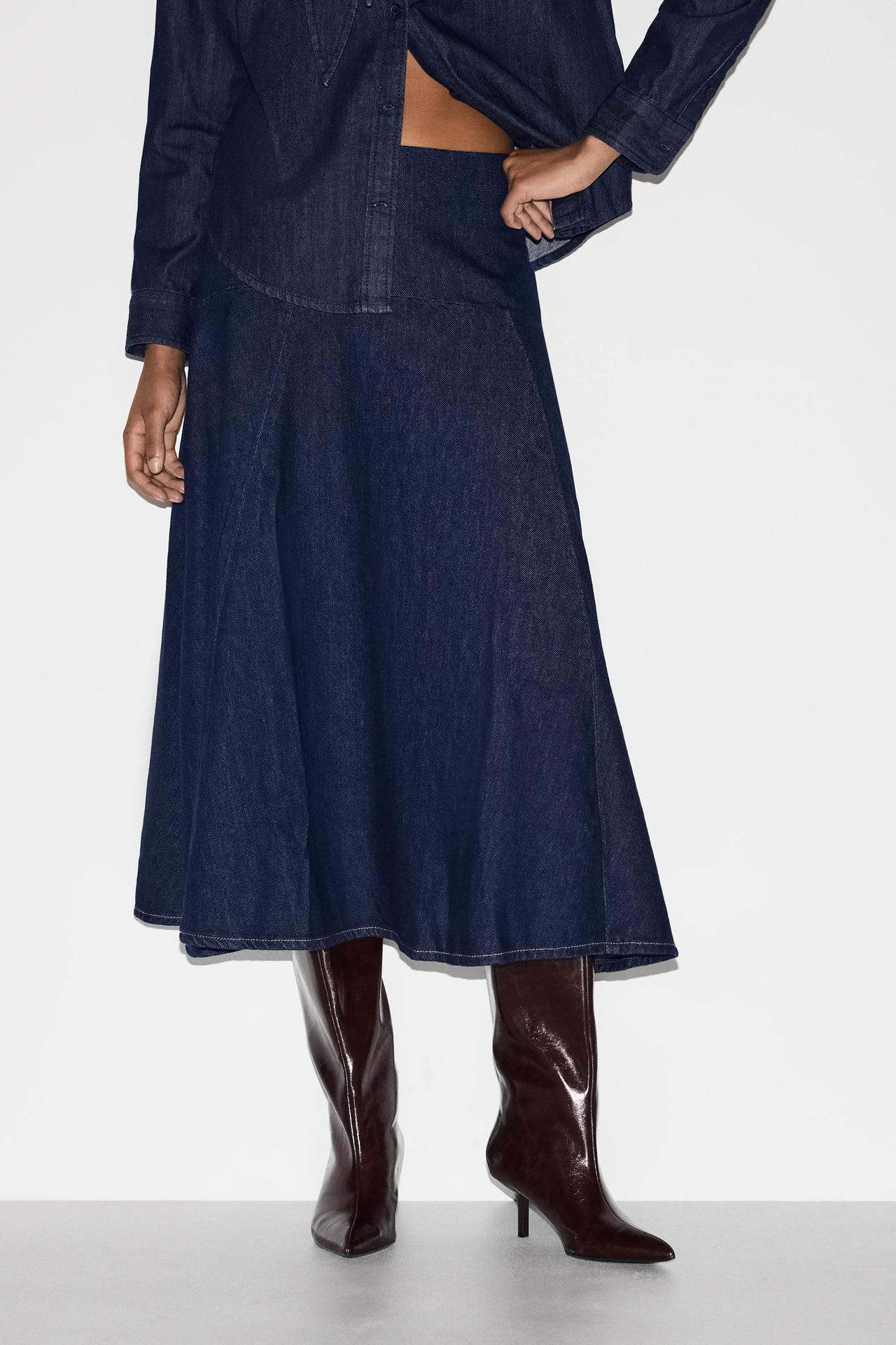 A-line midi denim skirt — NAVY