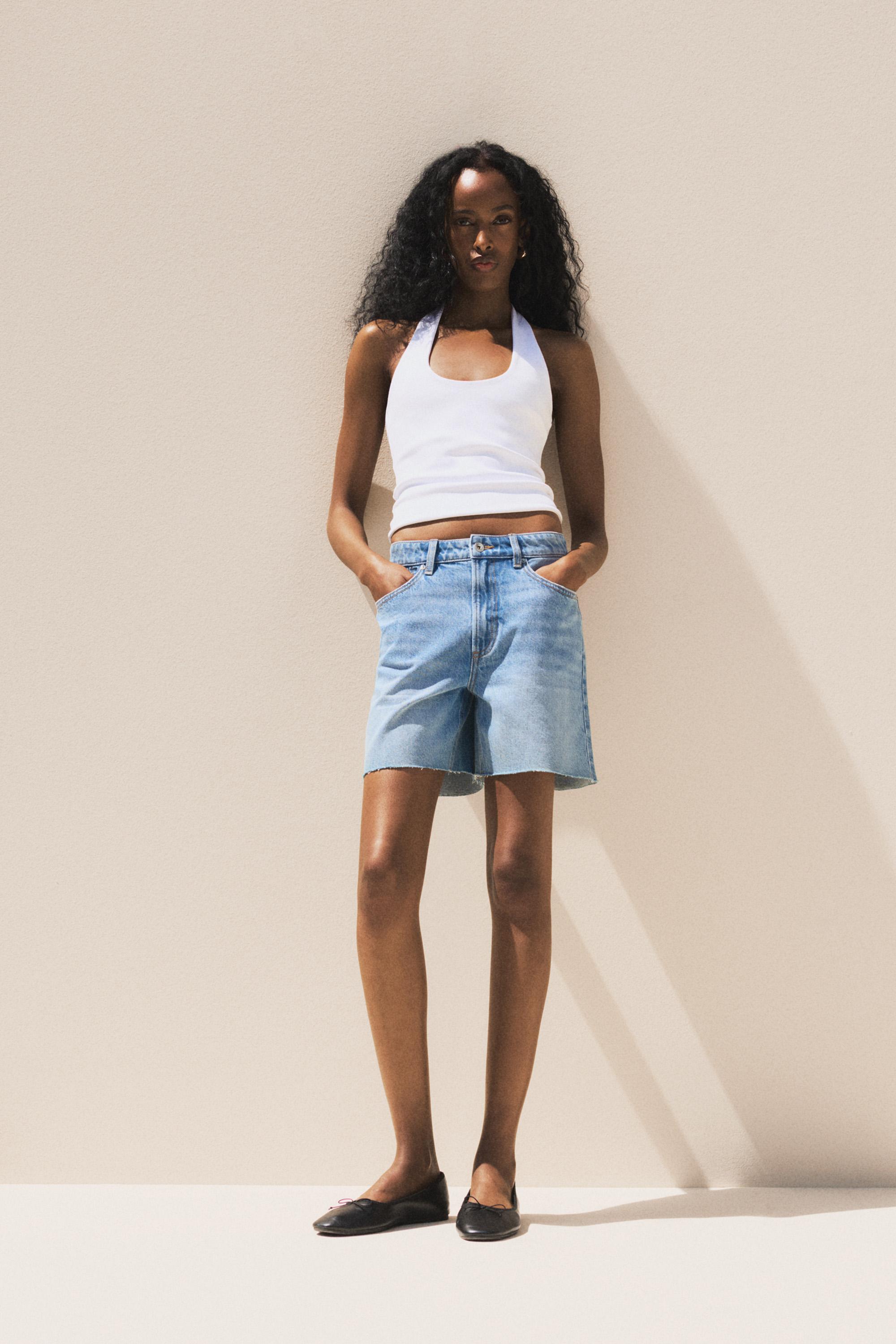 Distressed denim Bermuda shorts — PALE INDIGO