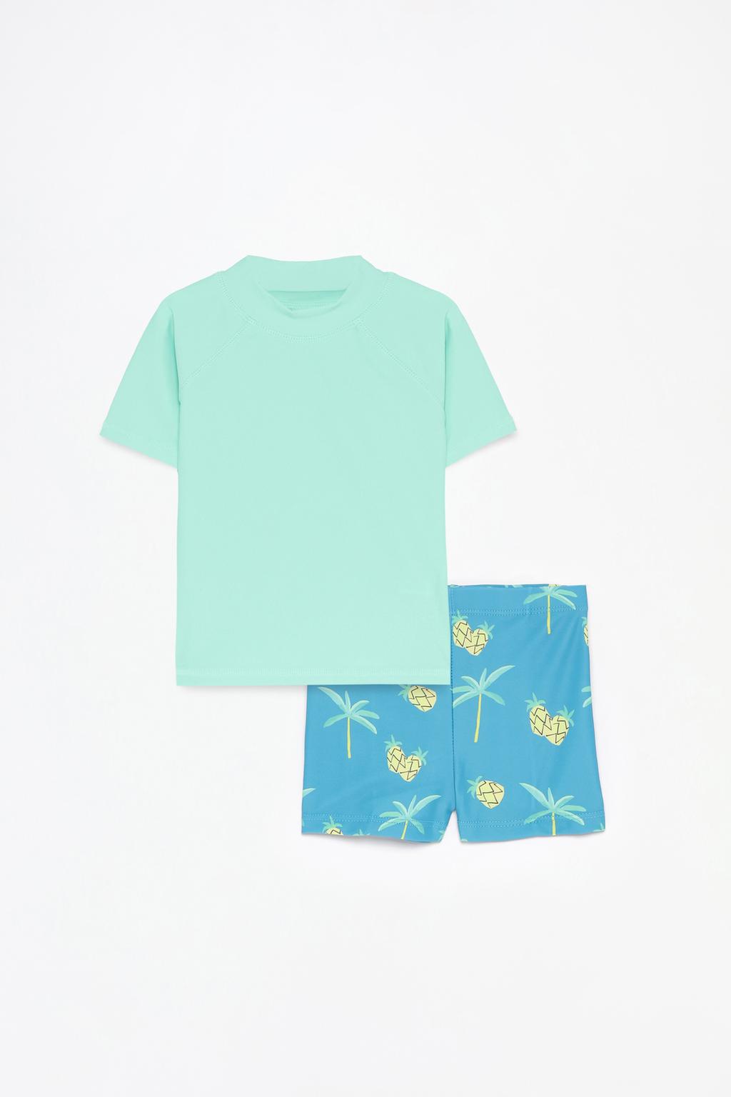 Printed swimming trunks and rash guard set