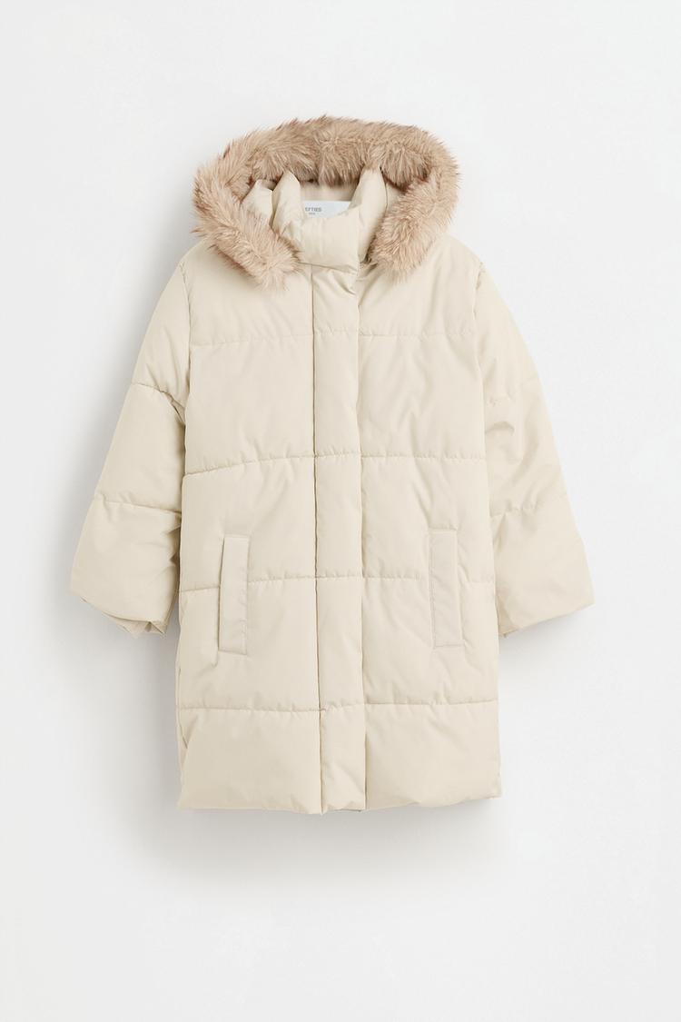 Long padded coat with faux fur — ECRU