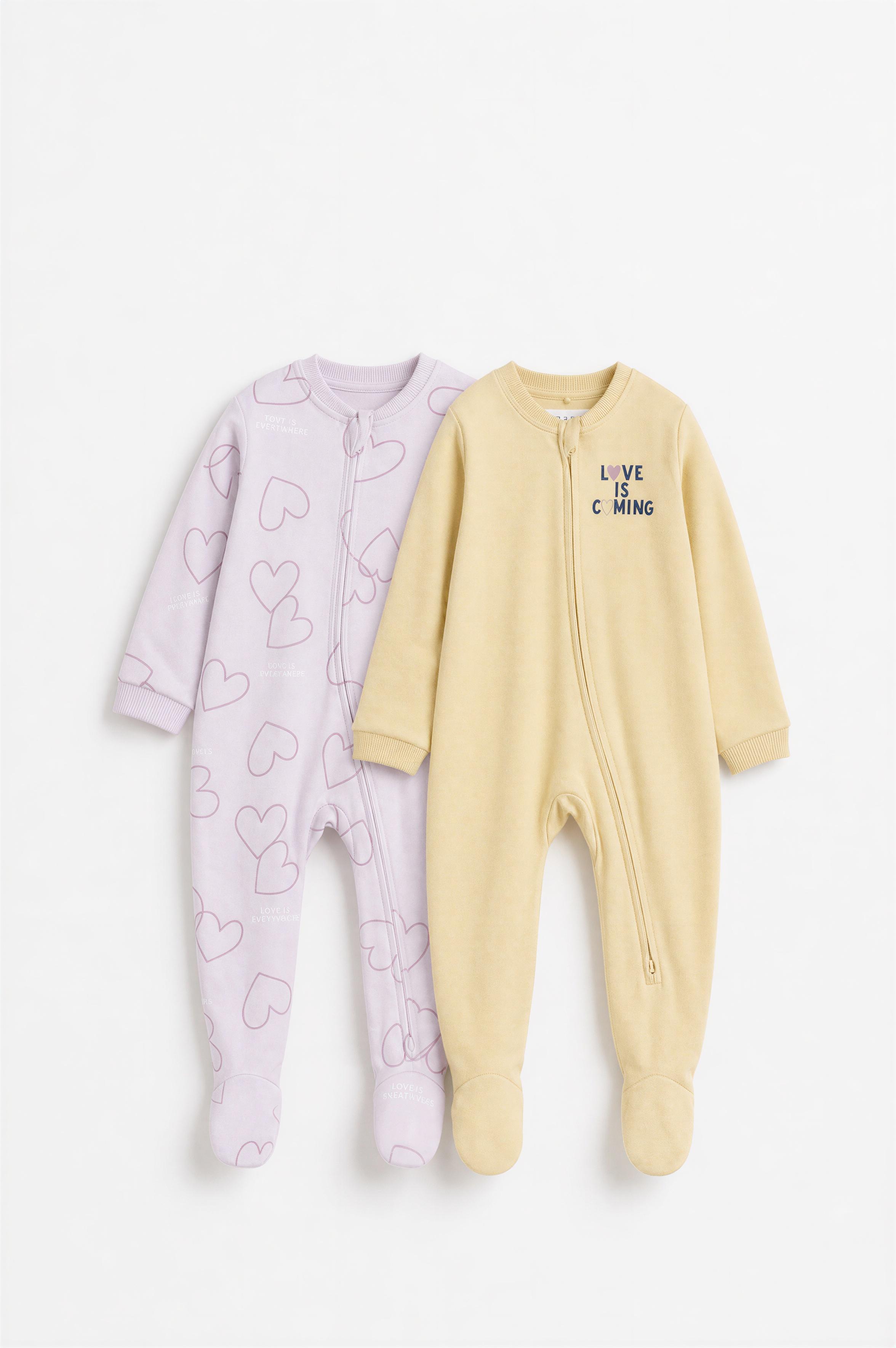 Pack of 2 all-over heart print sleepsuits — PASTEL YELLOW