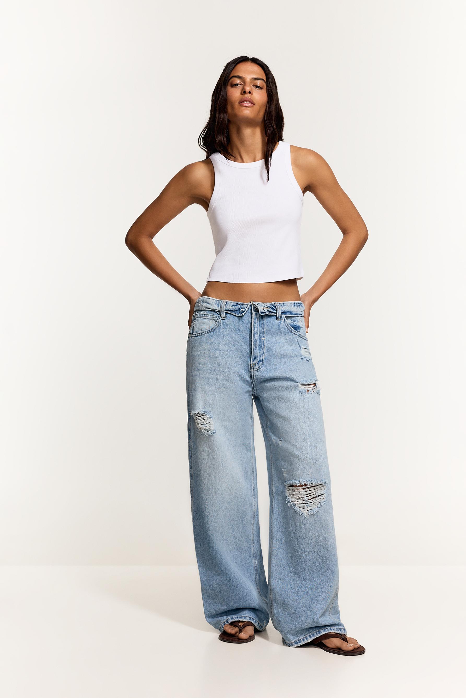 Fold-over waist baggy jeans — SKY BLUE