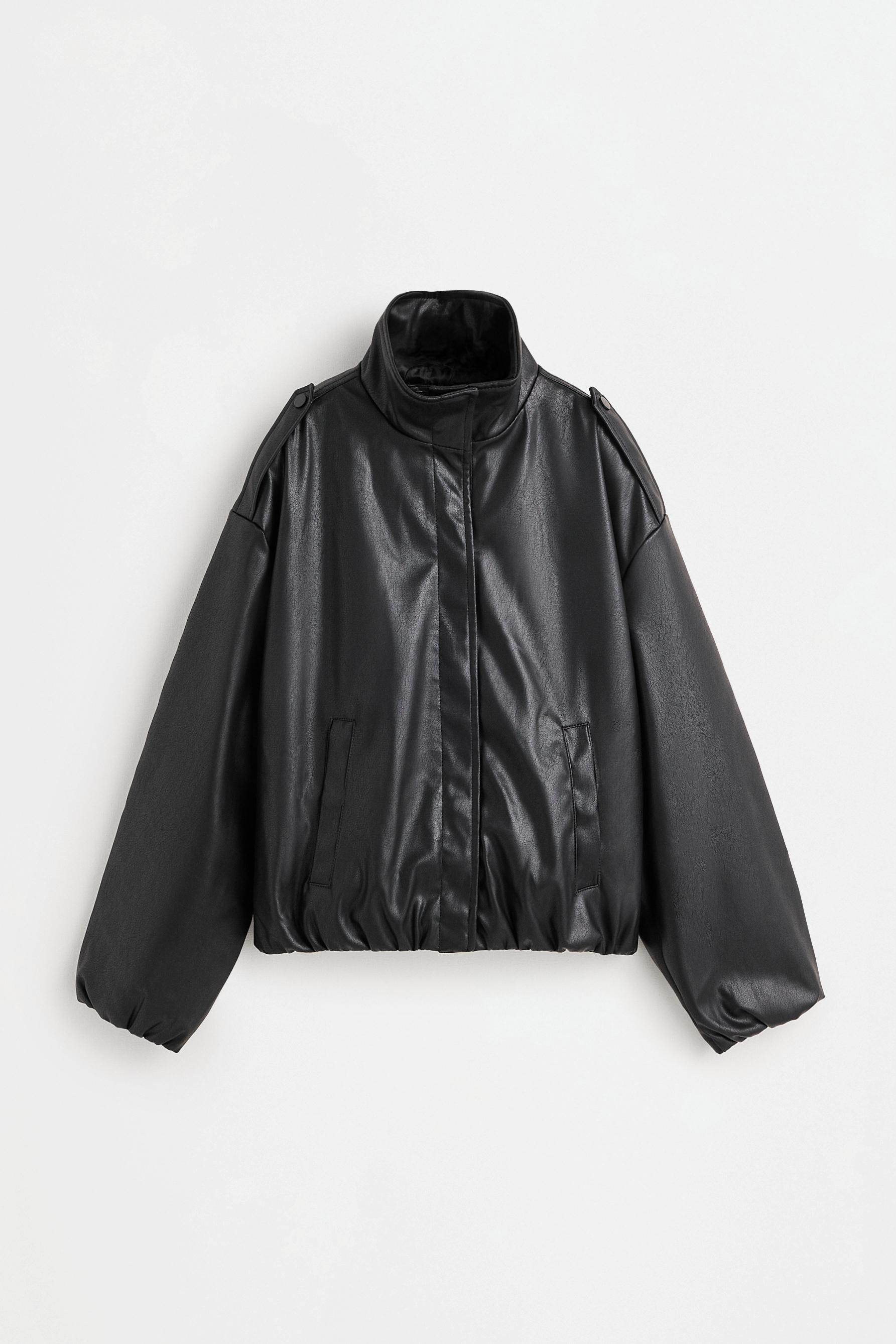 Cropped leather effect bomber jacket — BLACK