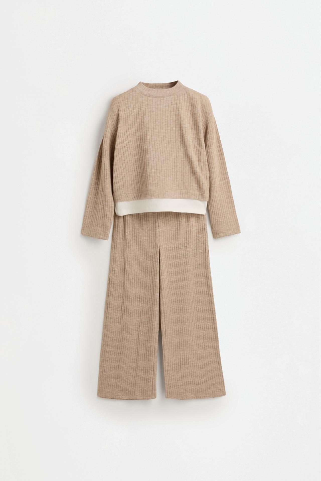 Ribbed knit sweater and trousers co-ord — SAND