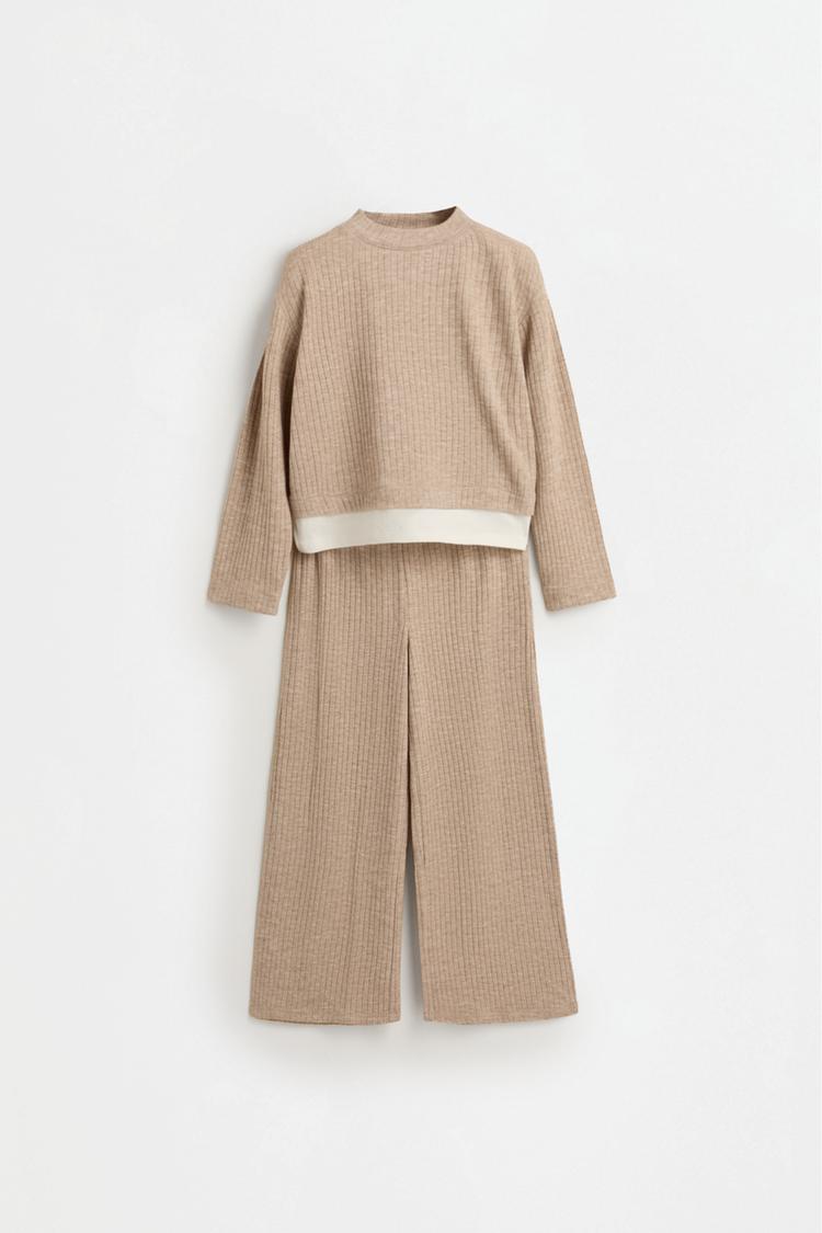 Ribbed knit sweater and trousers co-ord — SAND