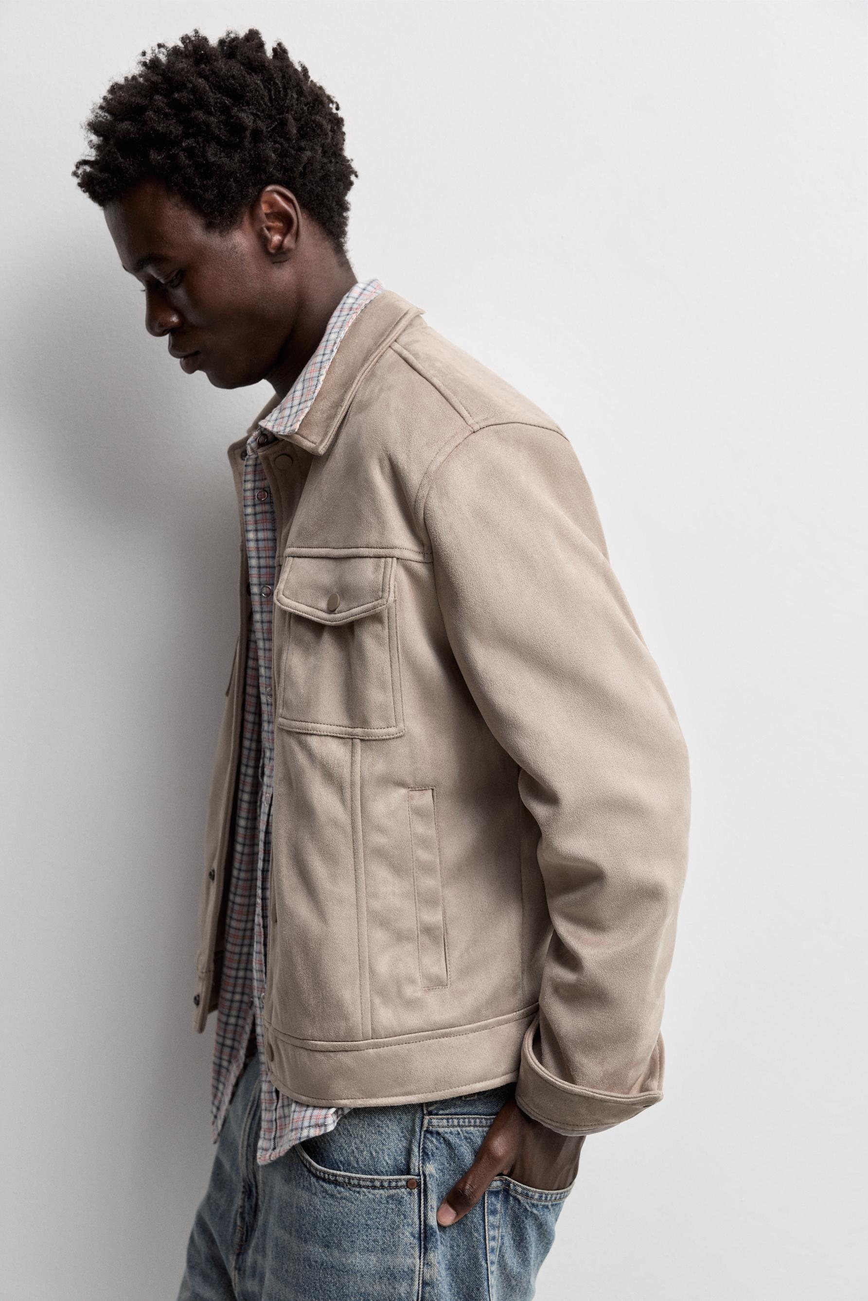 Faux suede trucker jacket — GREY
