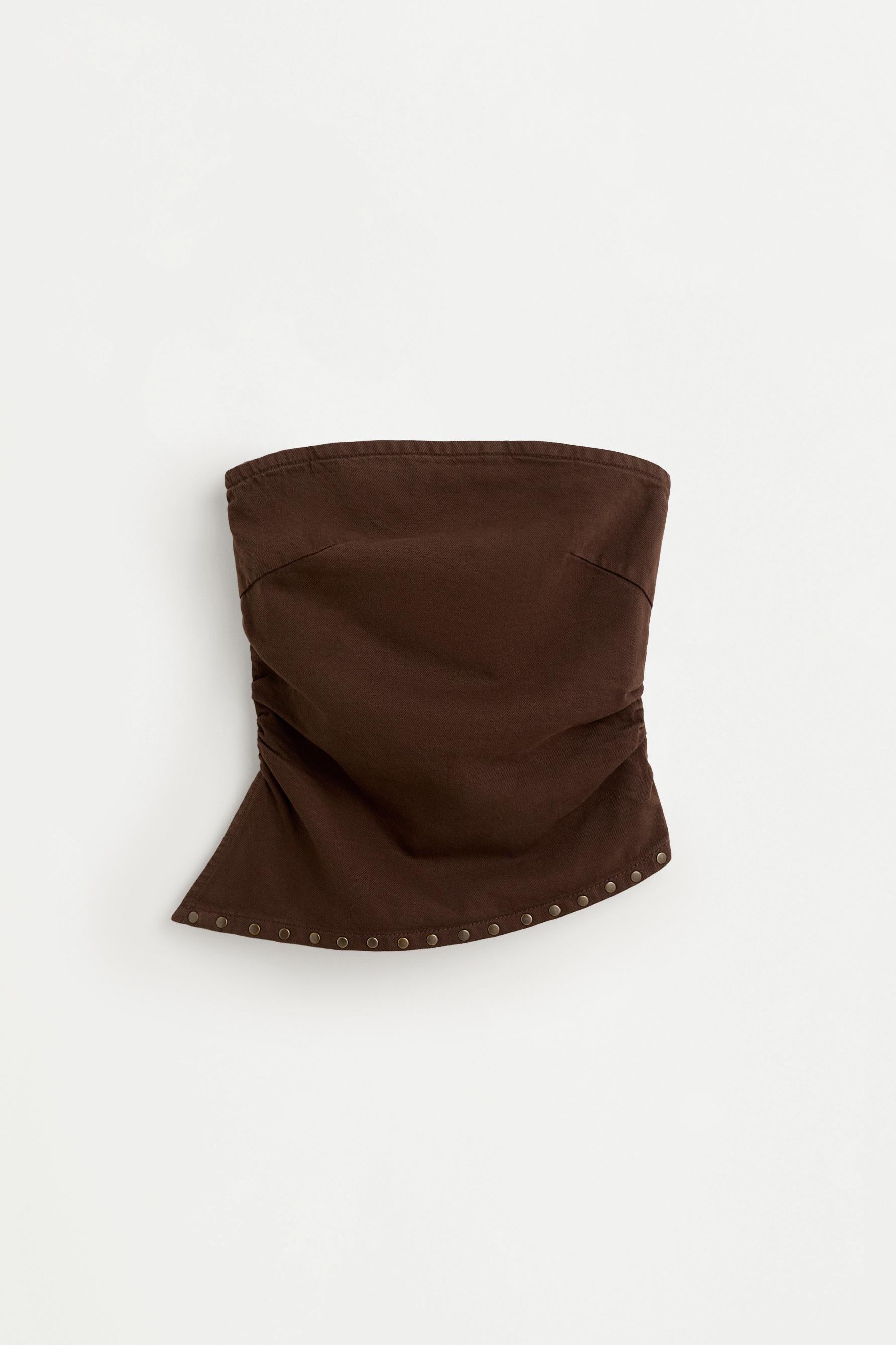 Asymmetric denim bandeau top with studs — BROWN MARL