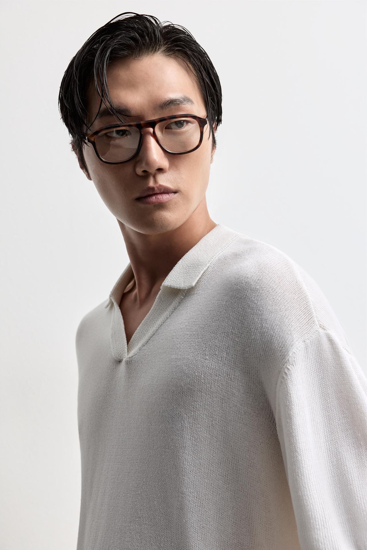 Linen blend knit polo shirt — OFF WHITE