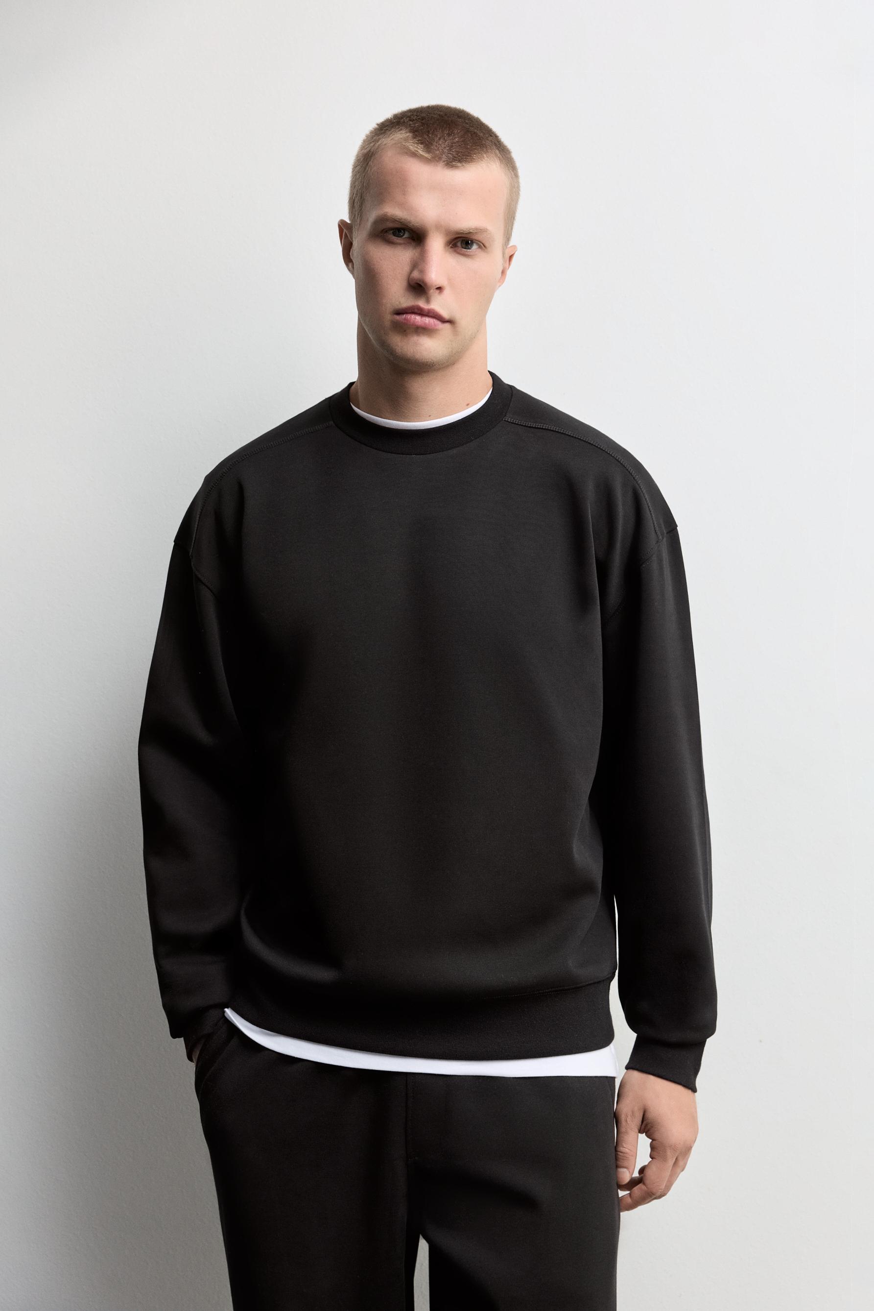 Round neck interlock sweatshirt — BLACK