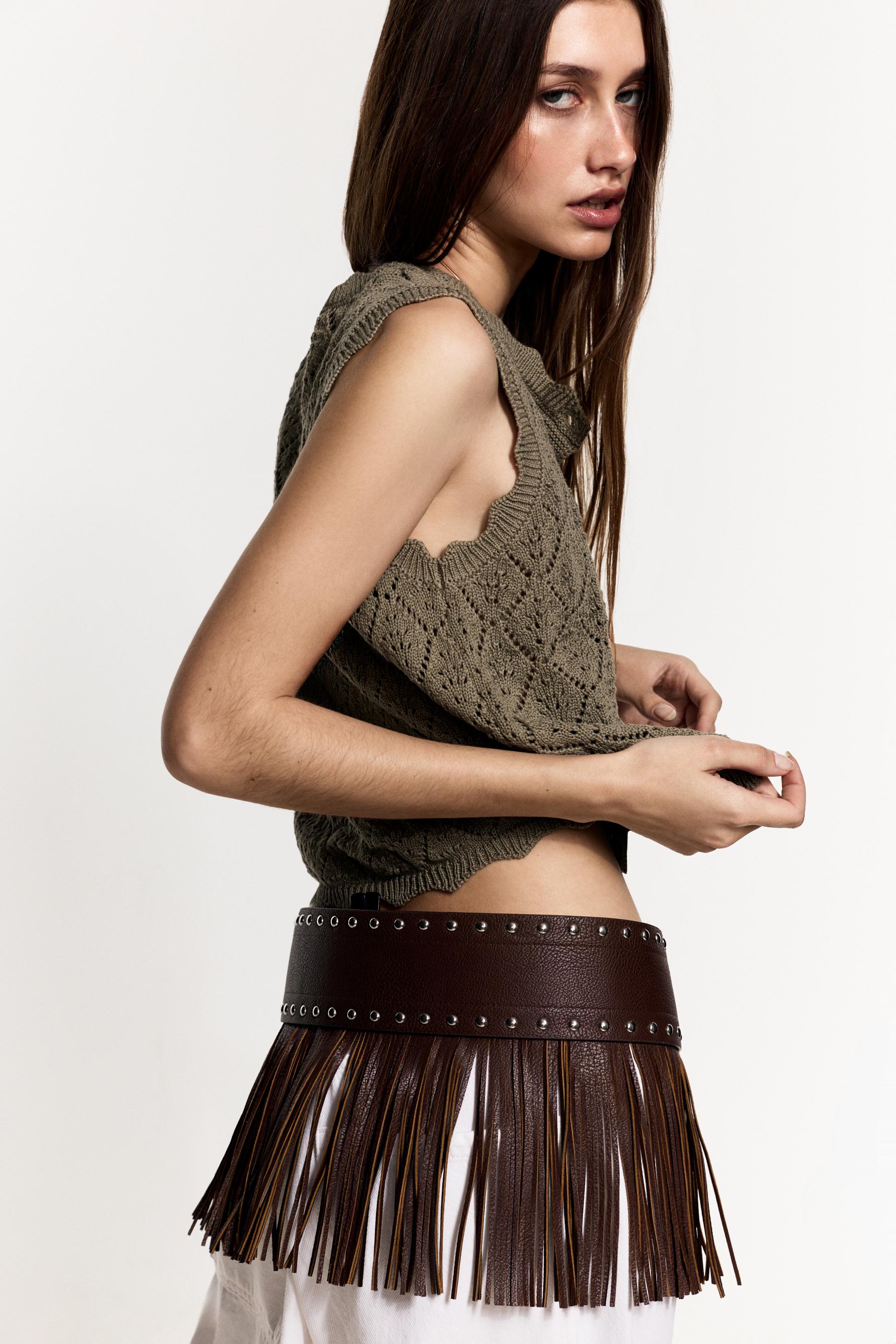 Cutwork knit top — KHAKI