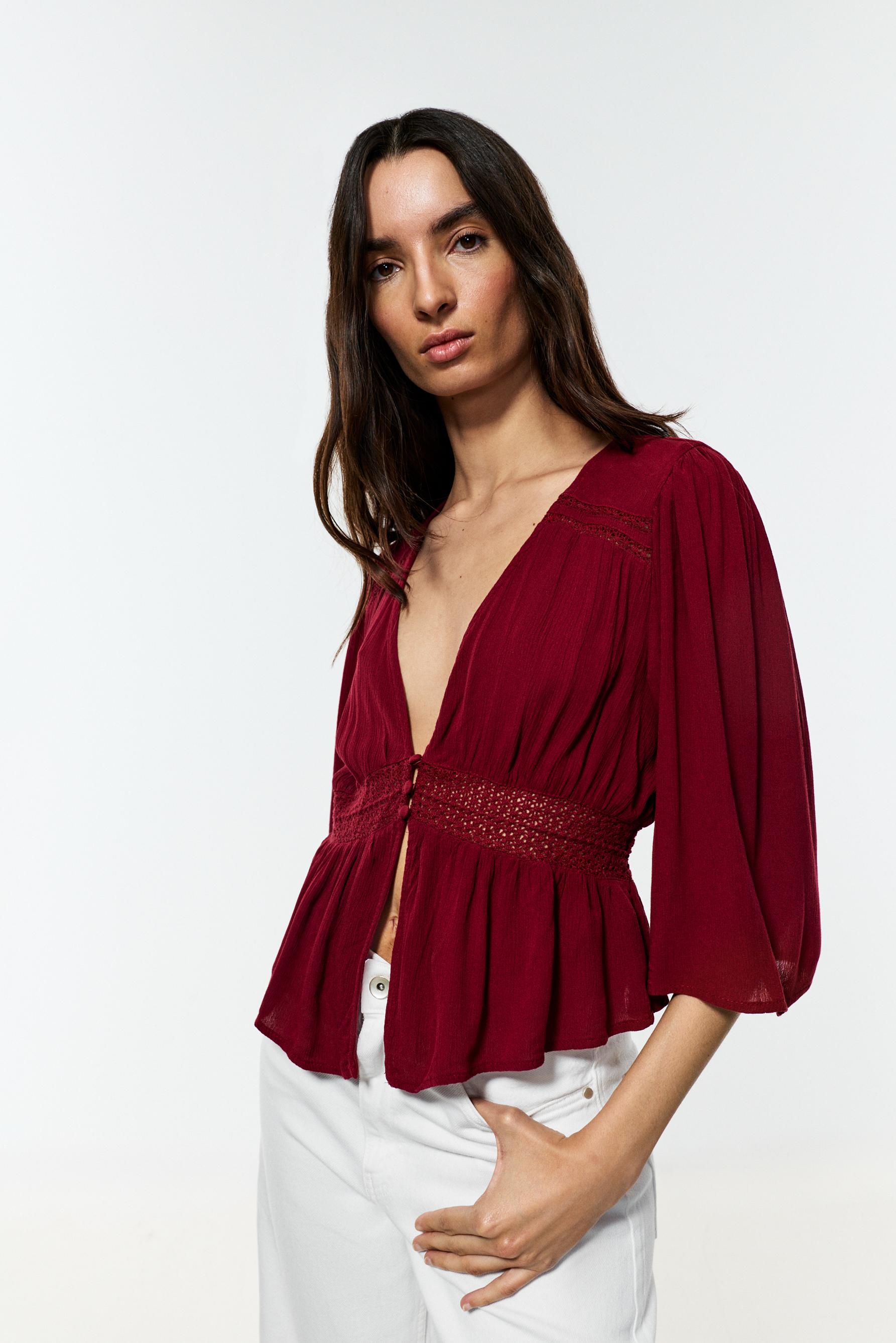Textured shirt with lace inserts — MAROON