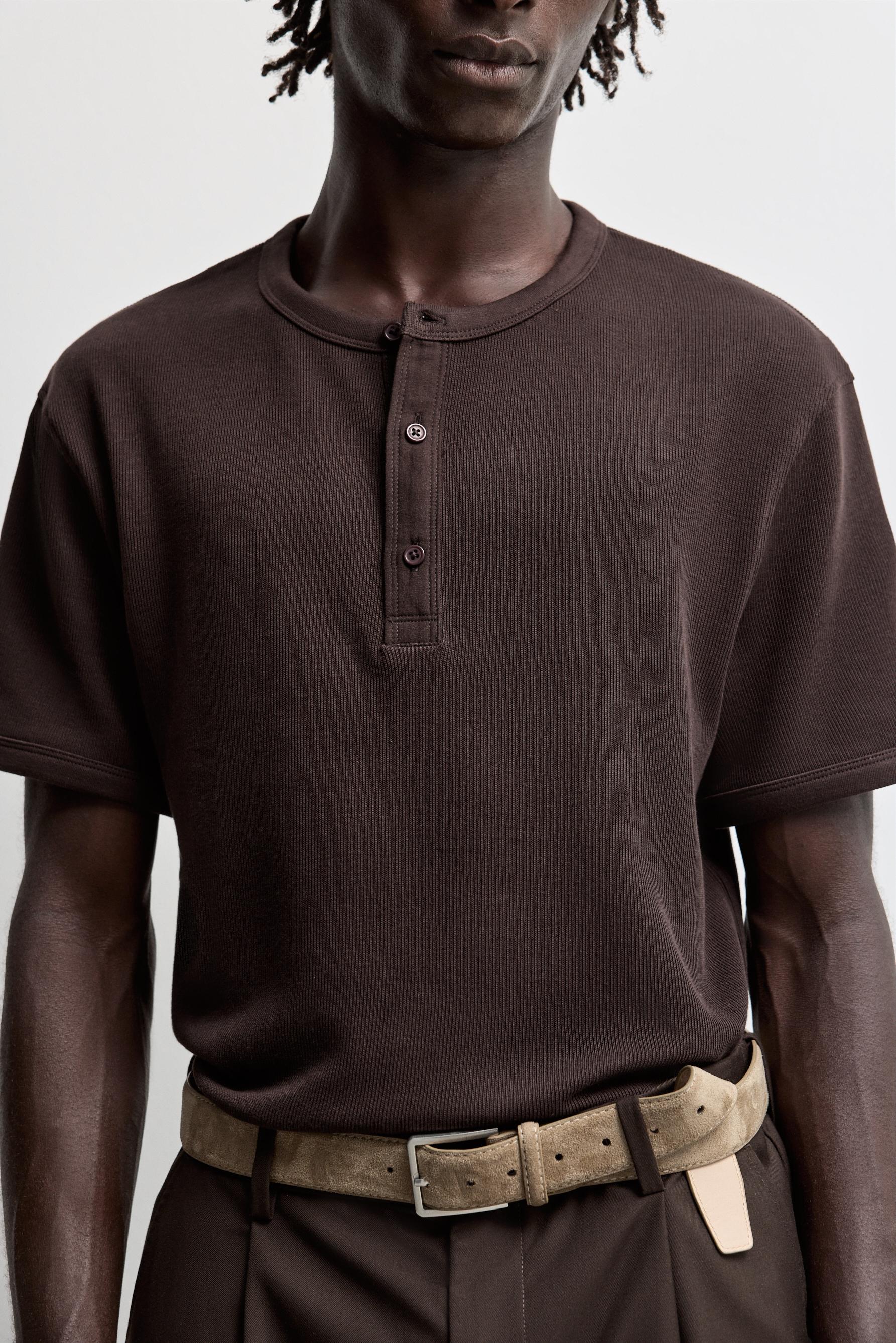 Textured henley T-shirt — DARK BROWN