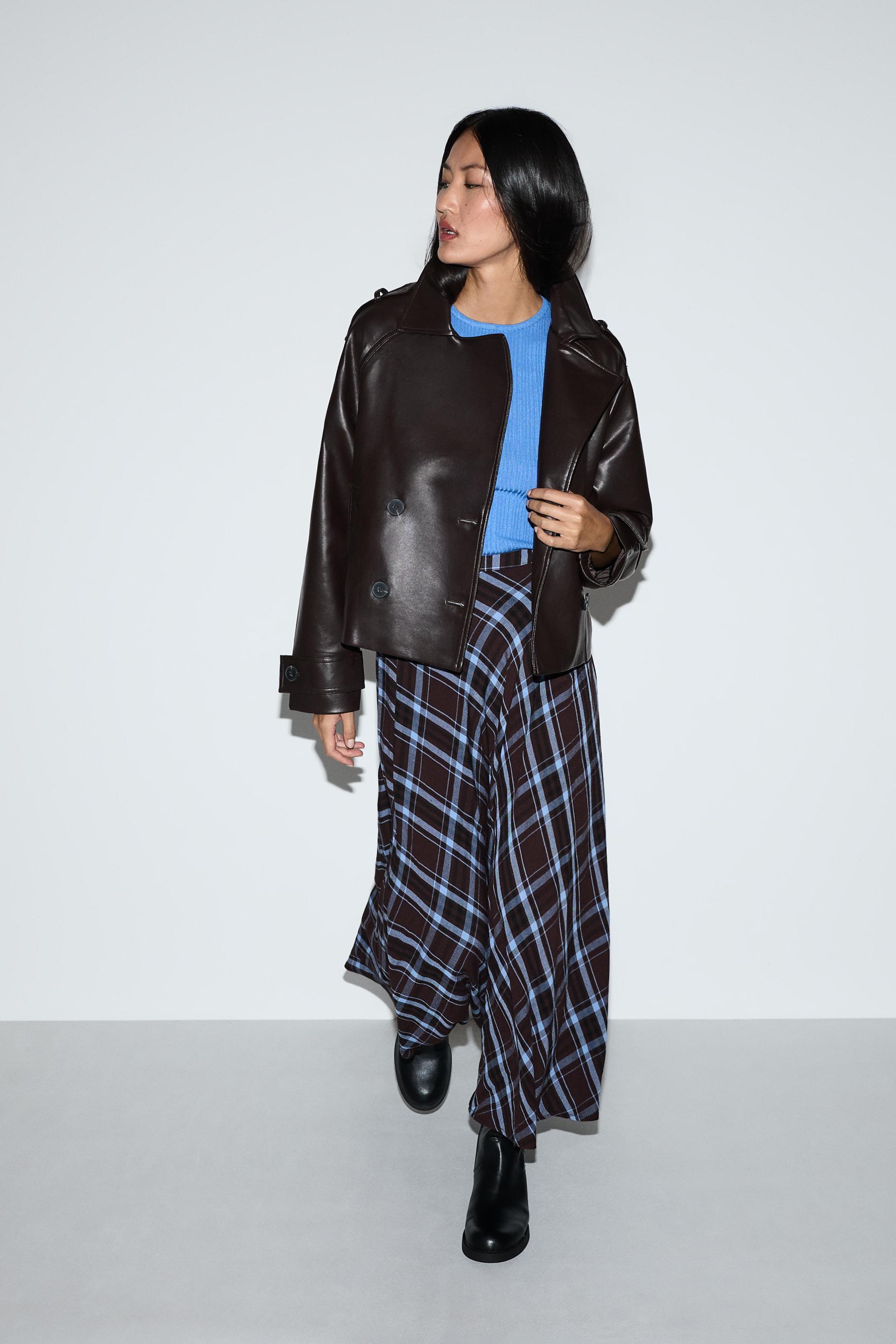 Leather effect short trench coat — DARK BROWN