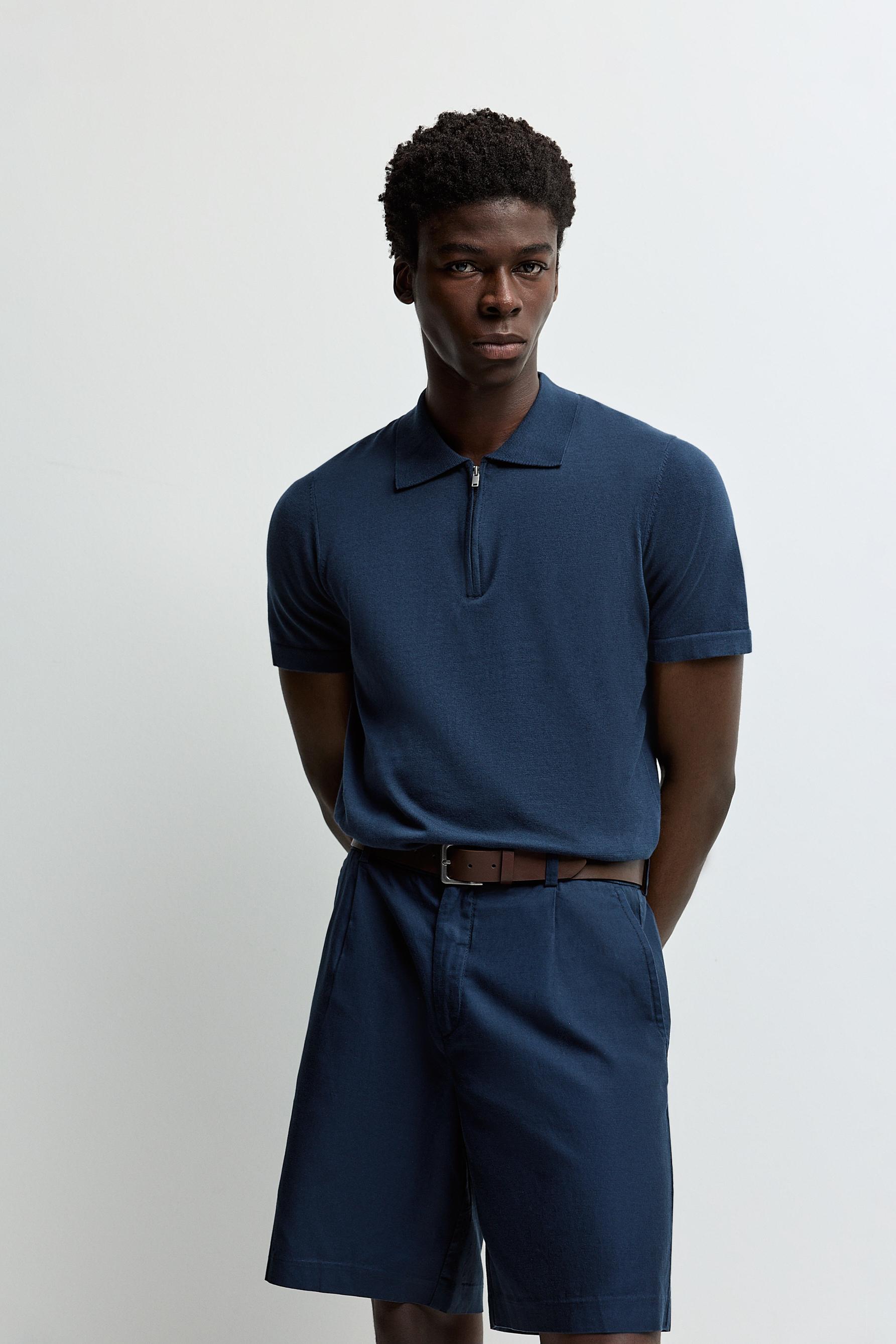 Zip-up knit polo — DARK BLUE