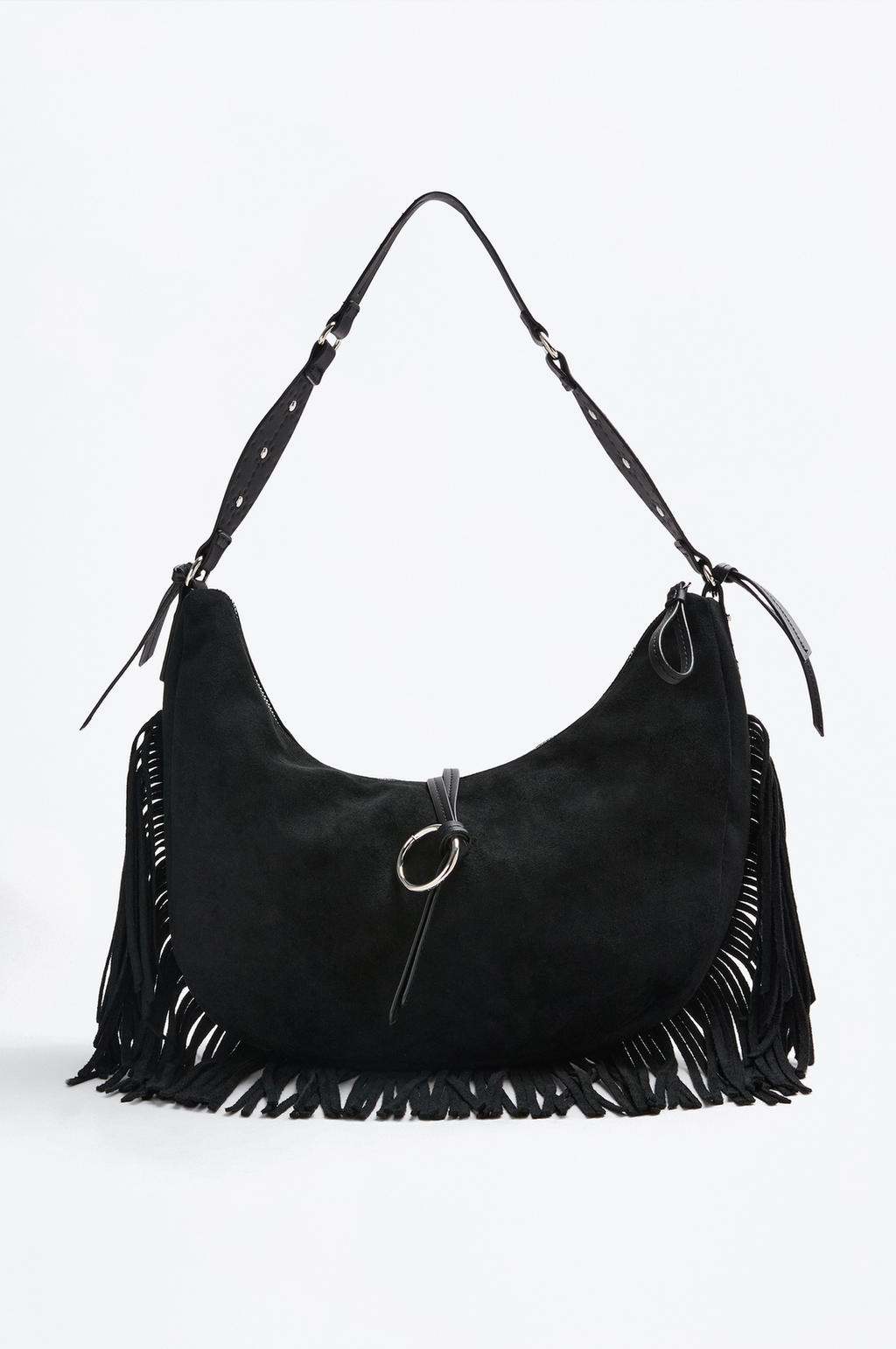 Fringed faux suede shoulder bag