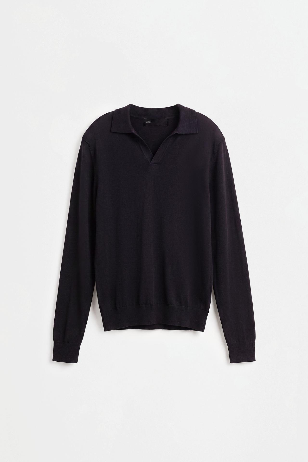 Long sleeve knit polo shirt — BLACK
