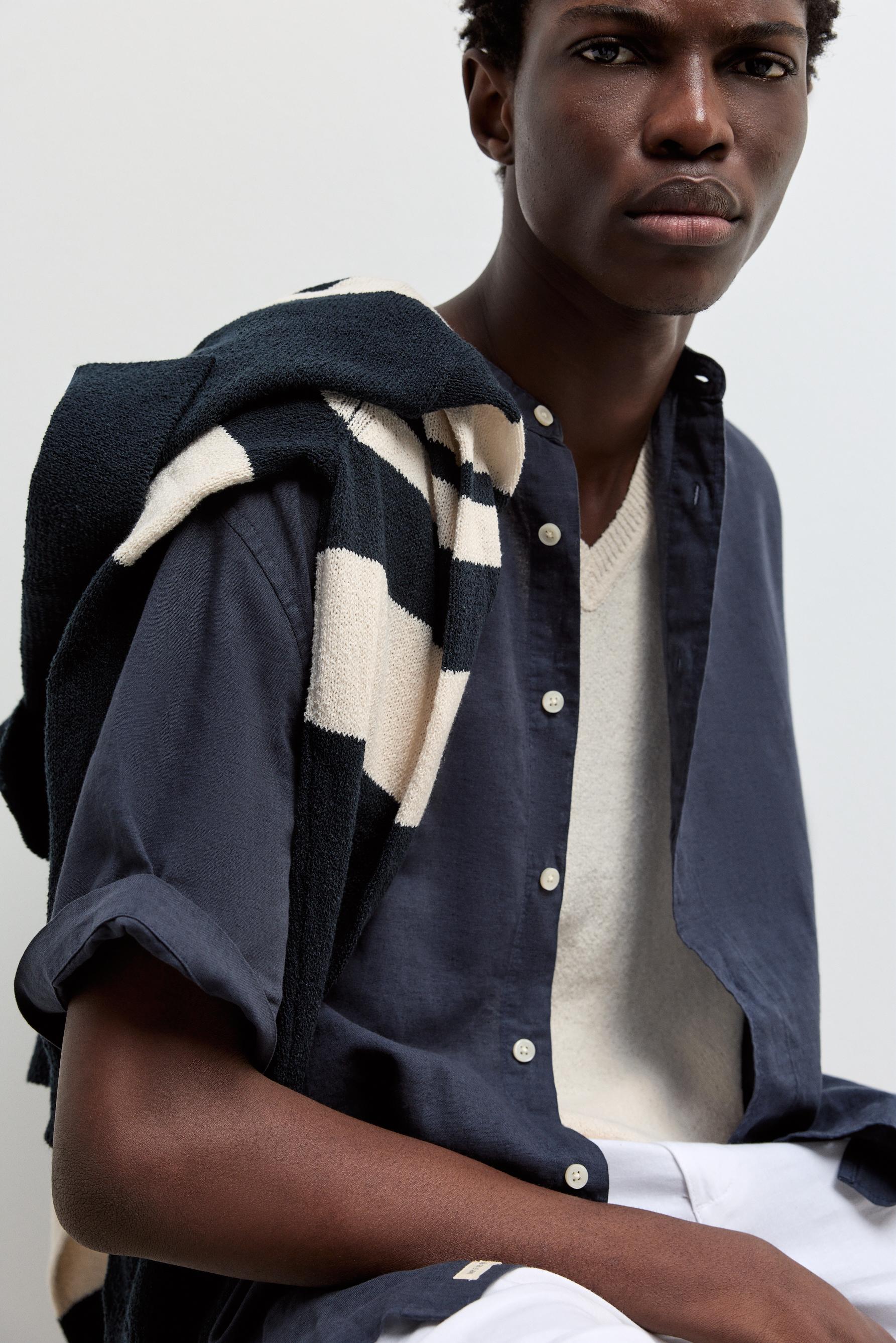 Linen-cotton stand collar shirt — NAVY